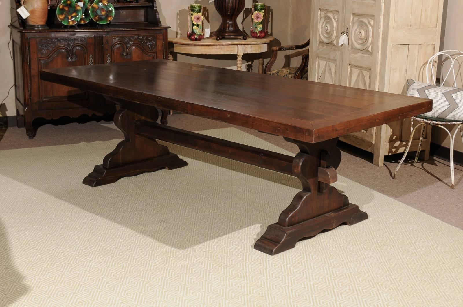 French Monastery style dining table, circa 1950
A typical monastery table is usually longer and much narrower. This version is more usable for our market at 40" wide. The thick top is a good proportion for the base and the overhang is very