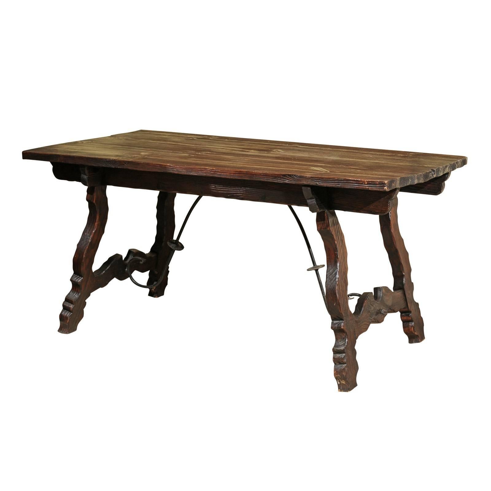 Vintage Spanish Style Pine Table with Iron Stretcher, circa 1950 For Sale