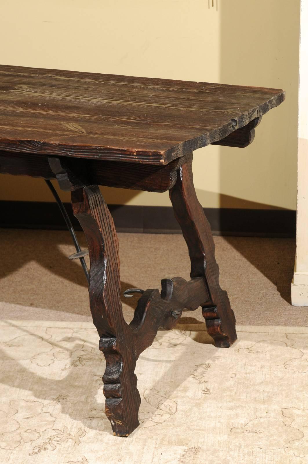 20th Century Vintage Spanish Style Pine Table with Iron Stretcher, circa 1950 For Sale