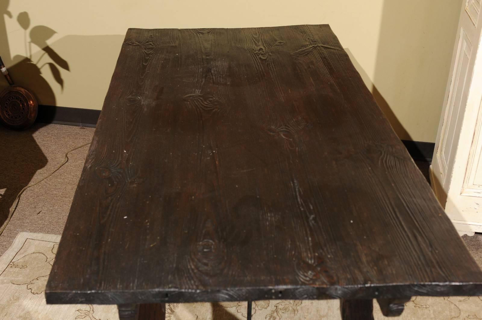 Vintage Spanish Style Pine Table with Iron Stretcher, circa 1950 For Sale 2