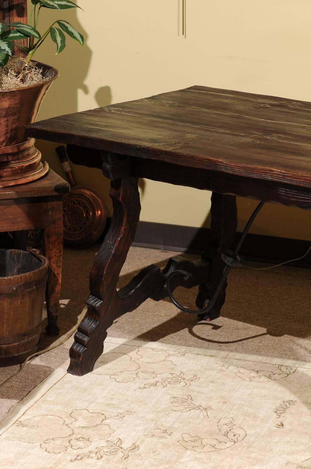 Vintage Spanish Style Pine Table with Iron Stretcher, circa 1950 For Sale 1