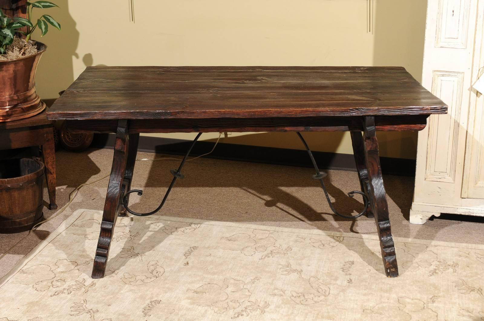 Vintage Spanish Style Pine Table with Iron Stretcher, circa 1950 For Sale 4
