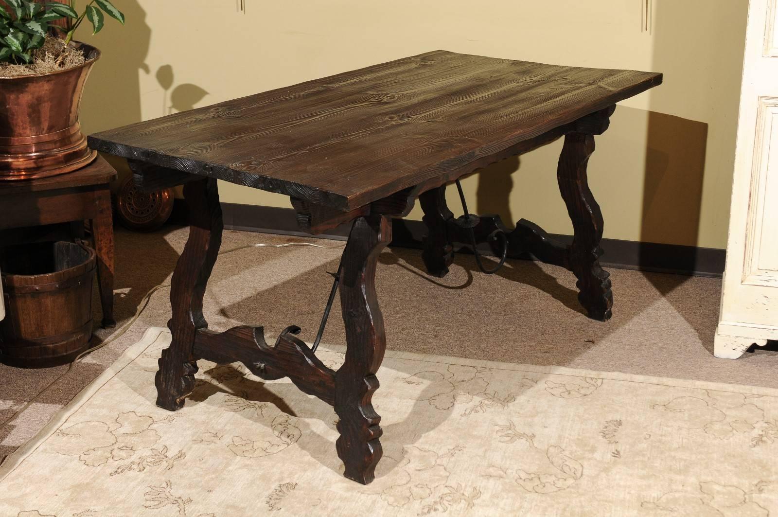 Vintage Spanish Style Pine Table with Iron Stretcher, circa 1950 For Sale 5