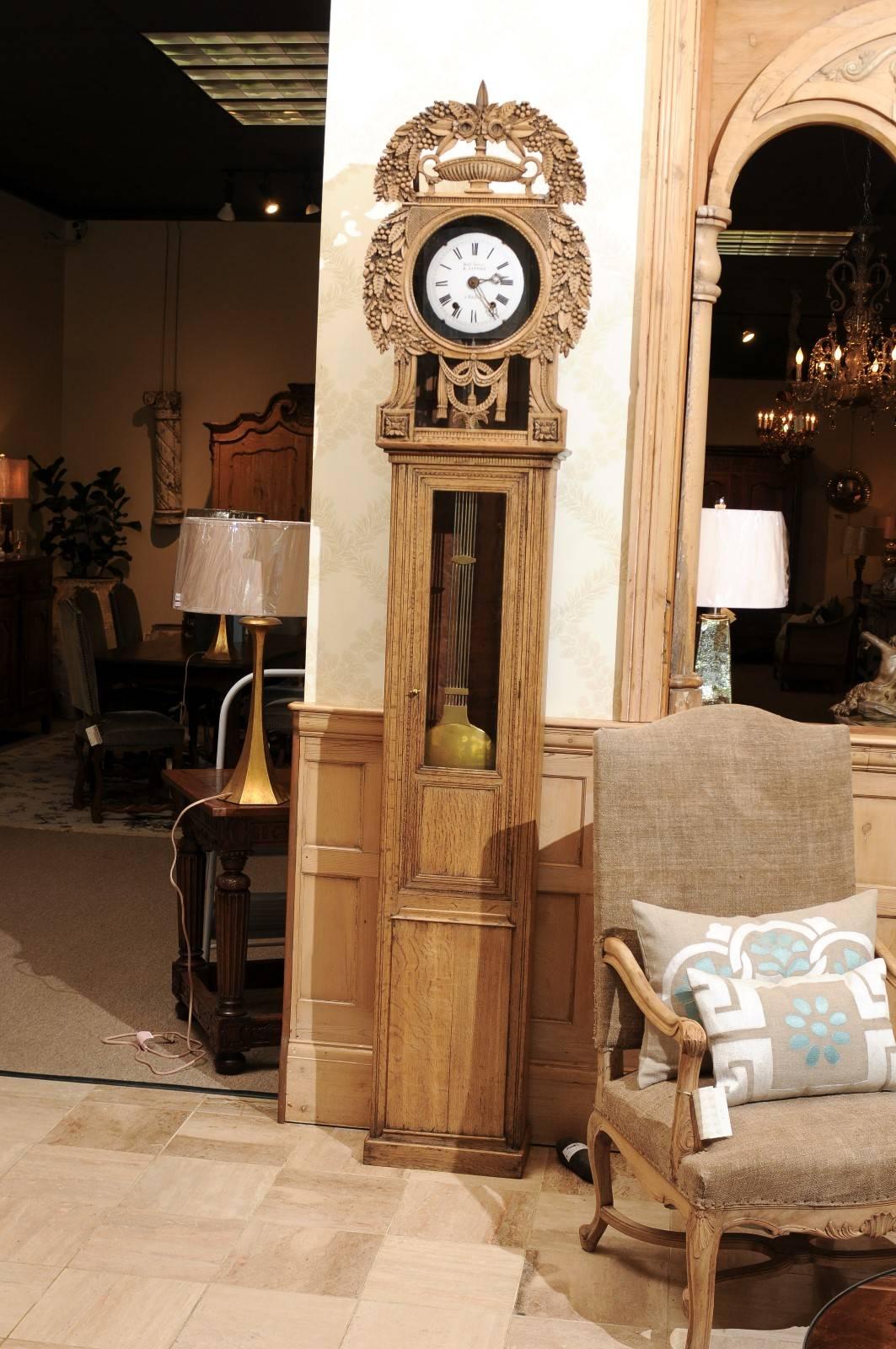 French 19th Century Carved Oak Tall Case Clock from Normandy For Sale