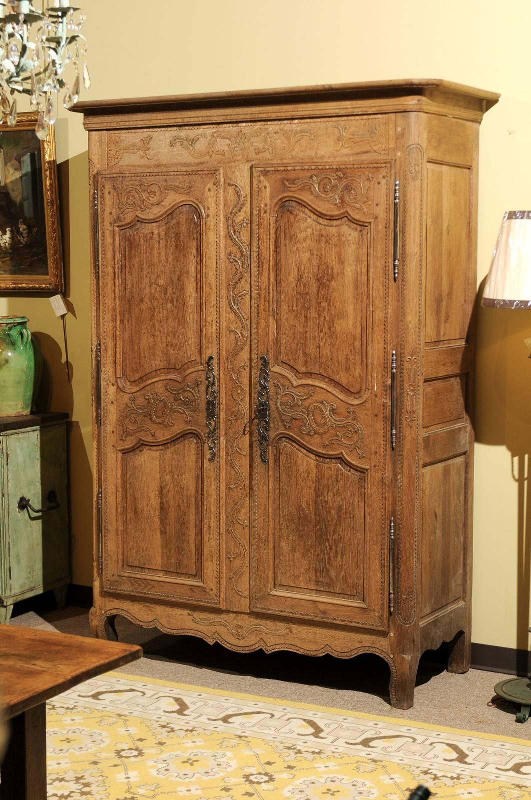 Louis XV 19th Century Carved Oak Armoire from Normandy For Sale