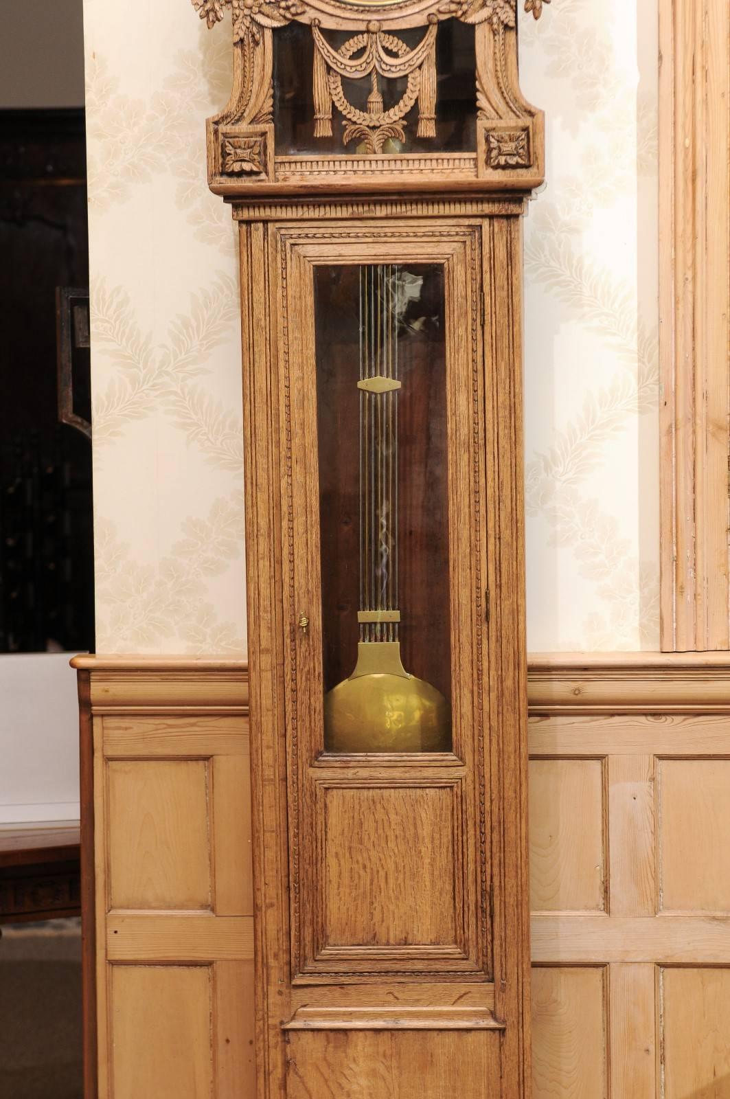 Hand-Carved 19th Century Carved Oak Tall Case Clock from Normandy For Sale