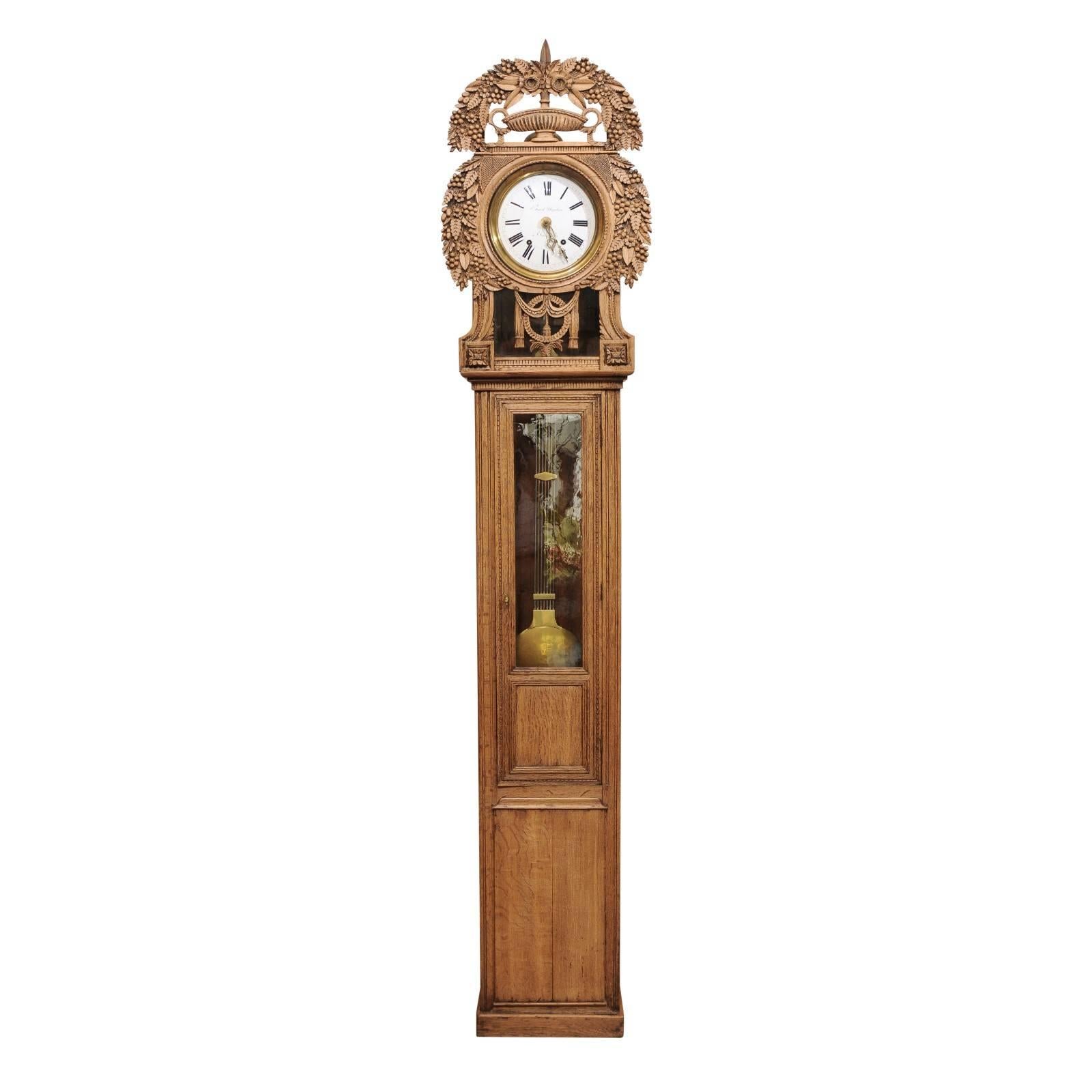 19th Century Carved Oak Tall Case Clock from Normandy For Sale