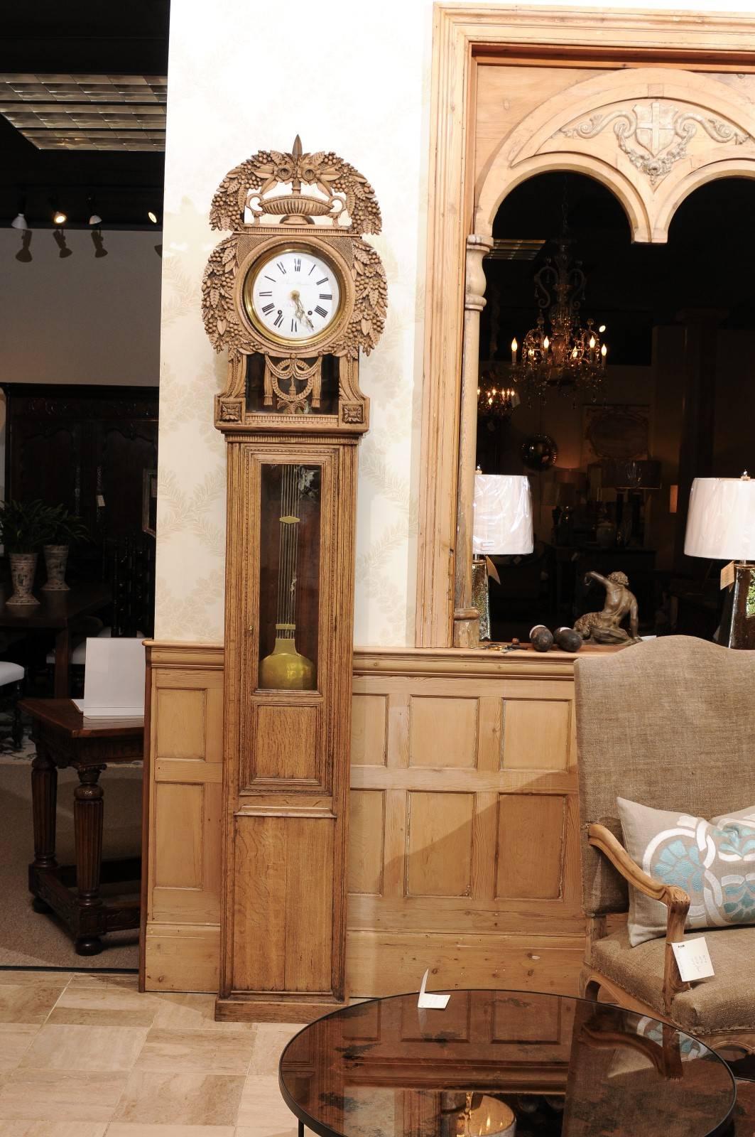 French 19th Century Carved Oak Tall Case Clock from Normandy For Sale