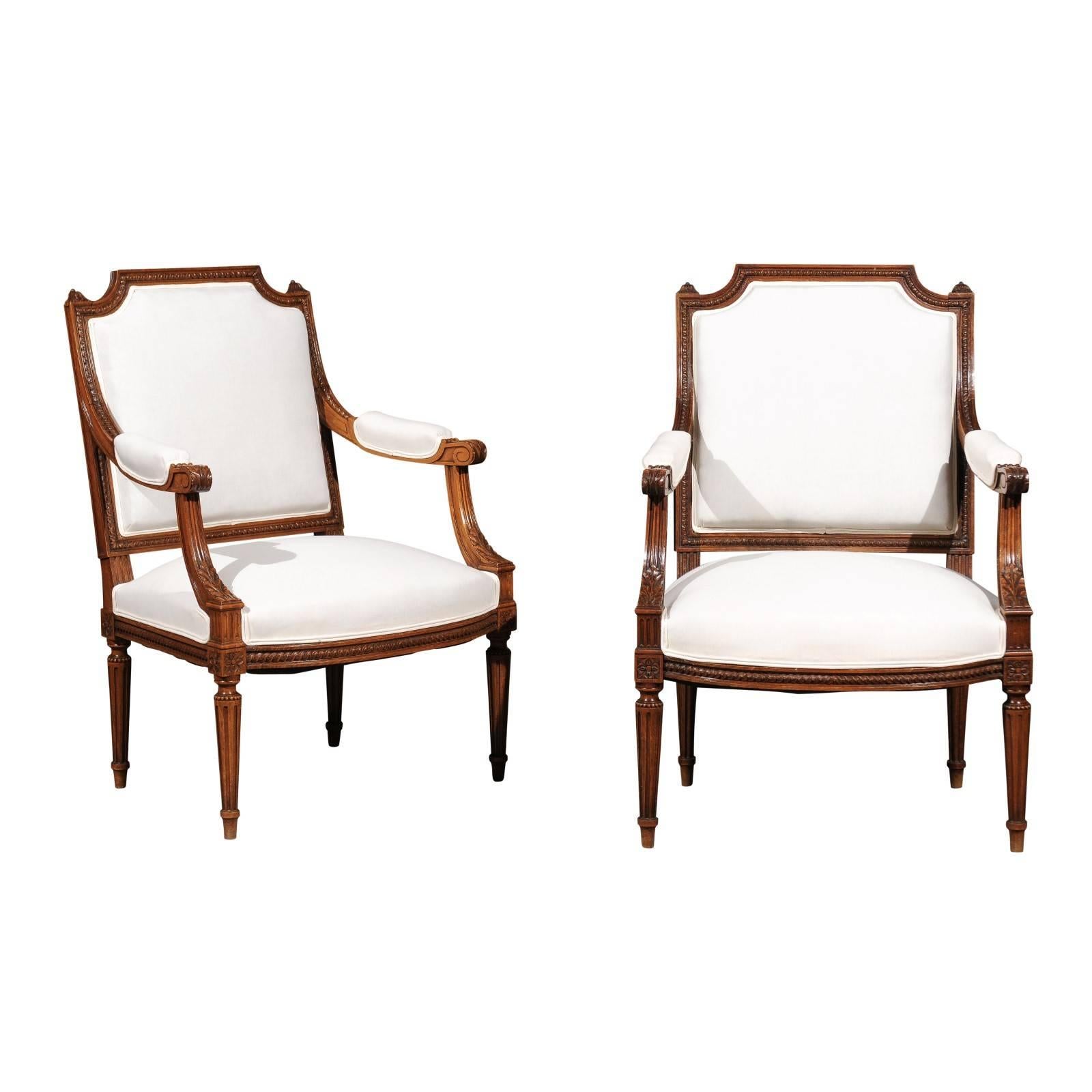 Pair of Beautifully Carved Walnut Louis XVI Style Chairs For Sale