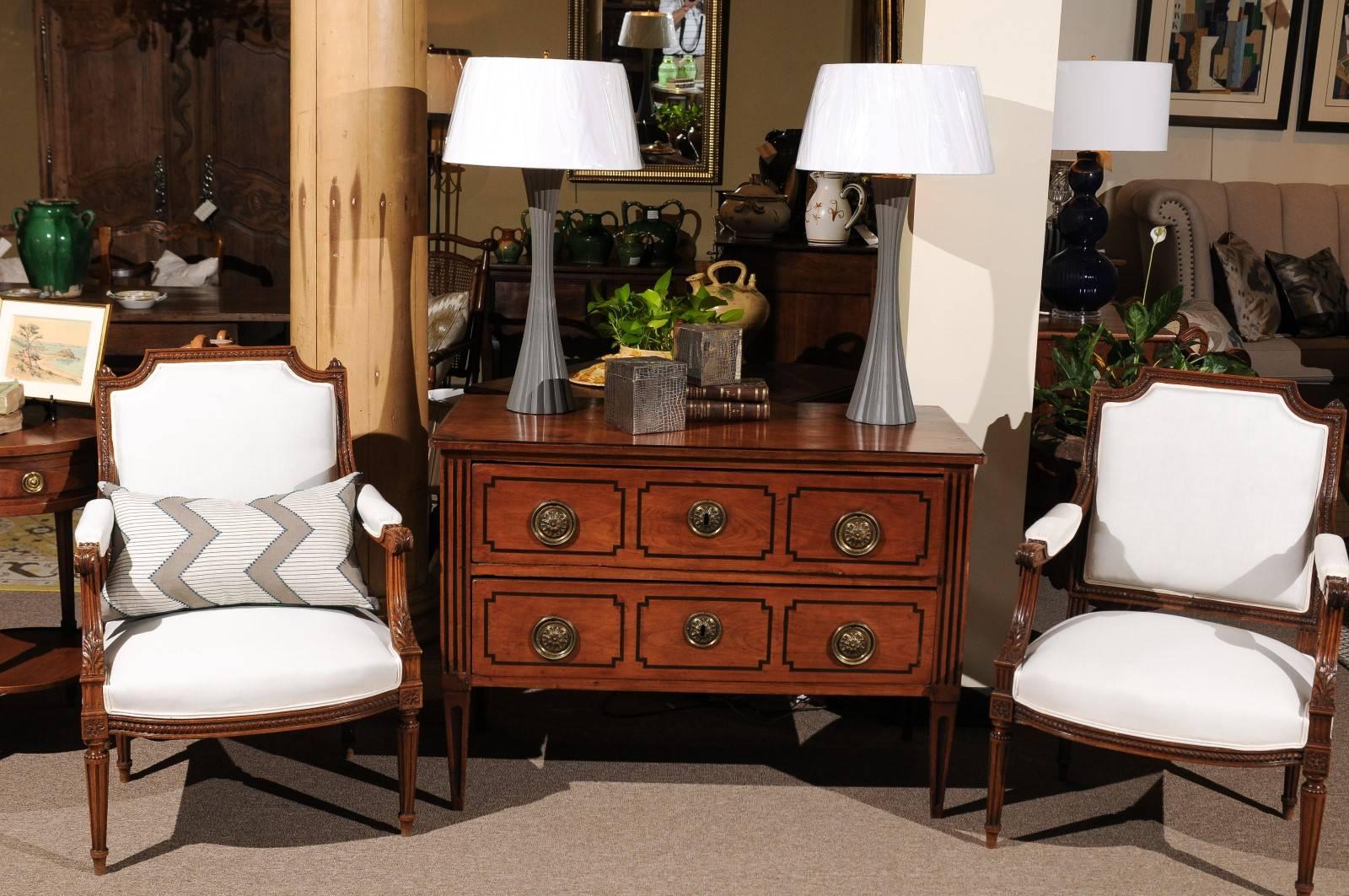 French Pair of Beautifully Carved Walnut Louis XVI Style Chairs For Sale