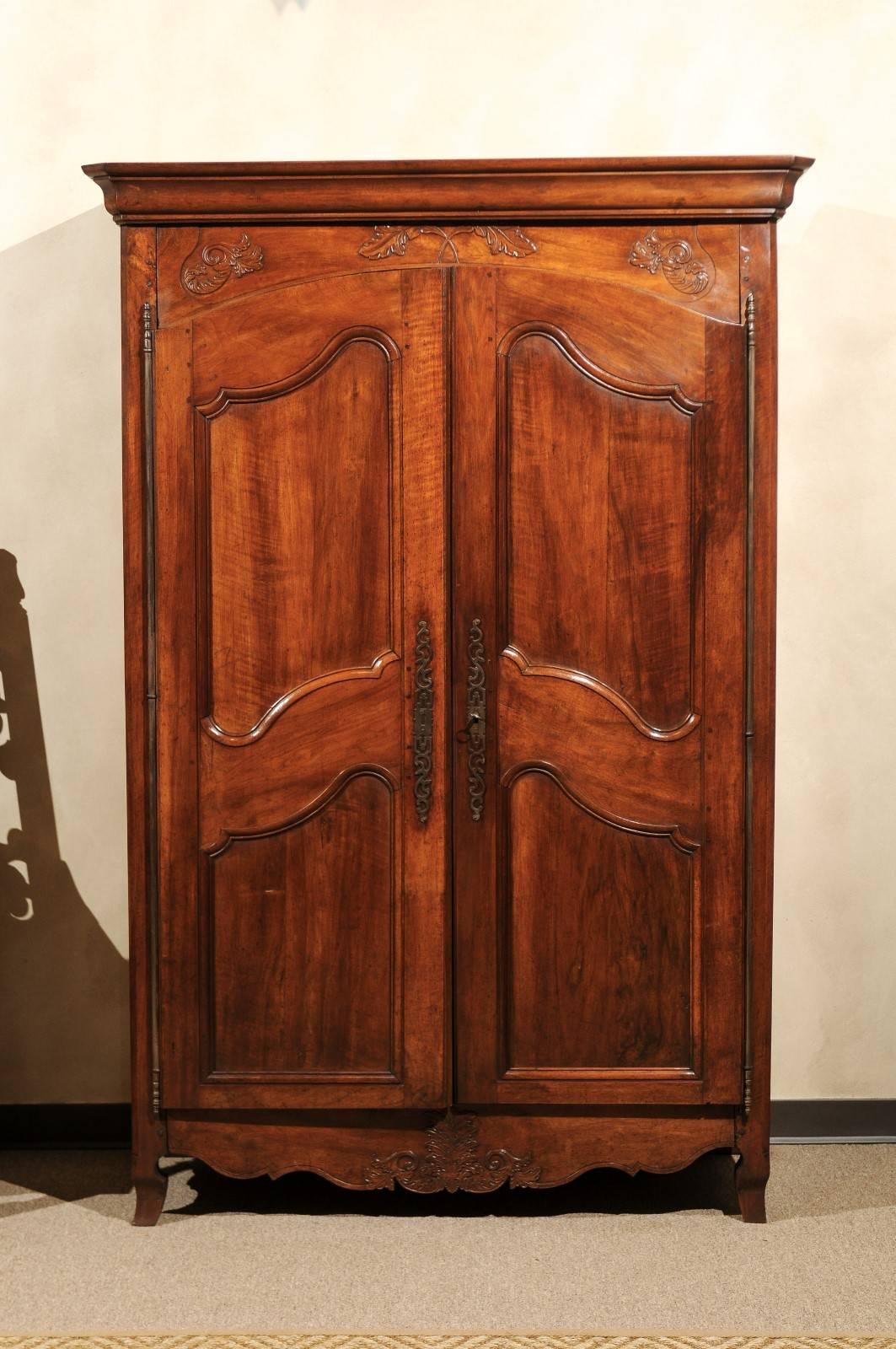 19th century French cherry armoire, circa 1860
This is a modestly sized armoire with lovely leaves carved both under the cornice and on the apron. The size makes it versatile and good for smaller spaces. More and more of our clients using armoires