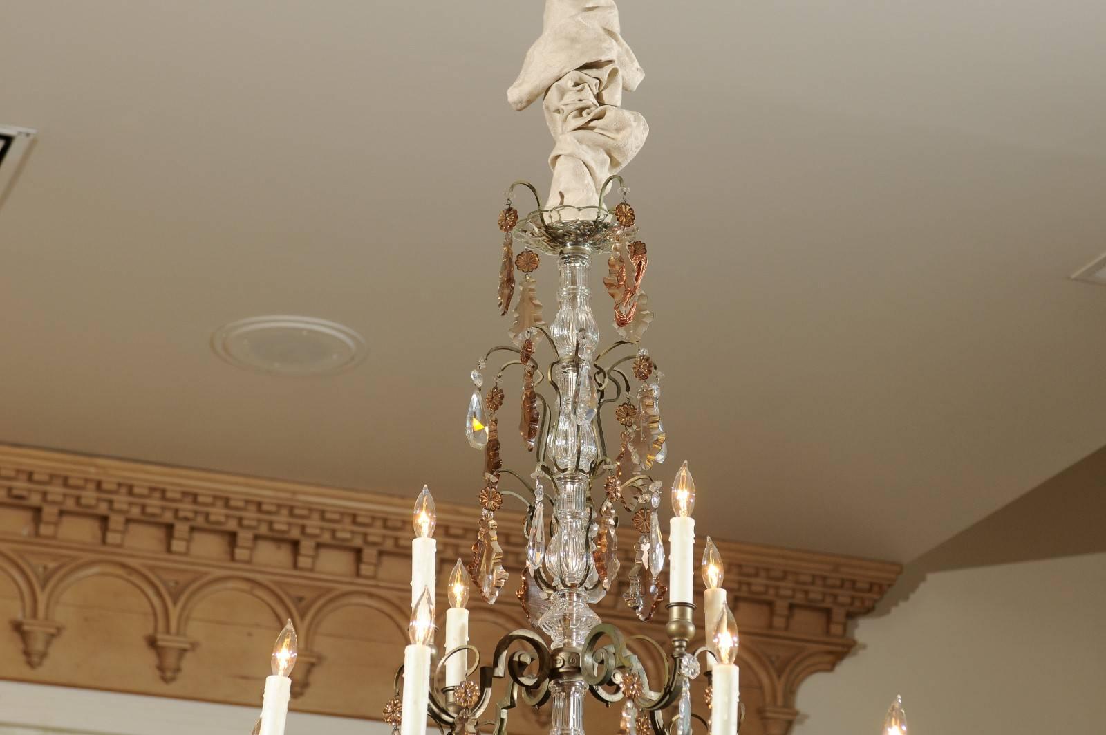 Vintage French Bronze and Crystal Chandelier with 12 Arms, circa 1940 In Good Condition For Sale In Atlanta, GA