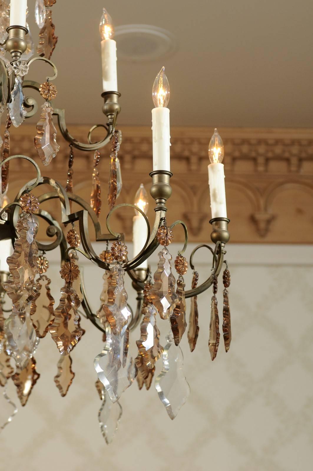 Vintage French Bronze and Crystal Chandelier with 12 Arms, circa 1940 For Sale 1