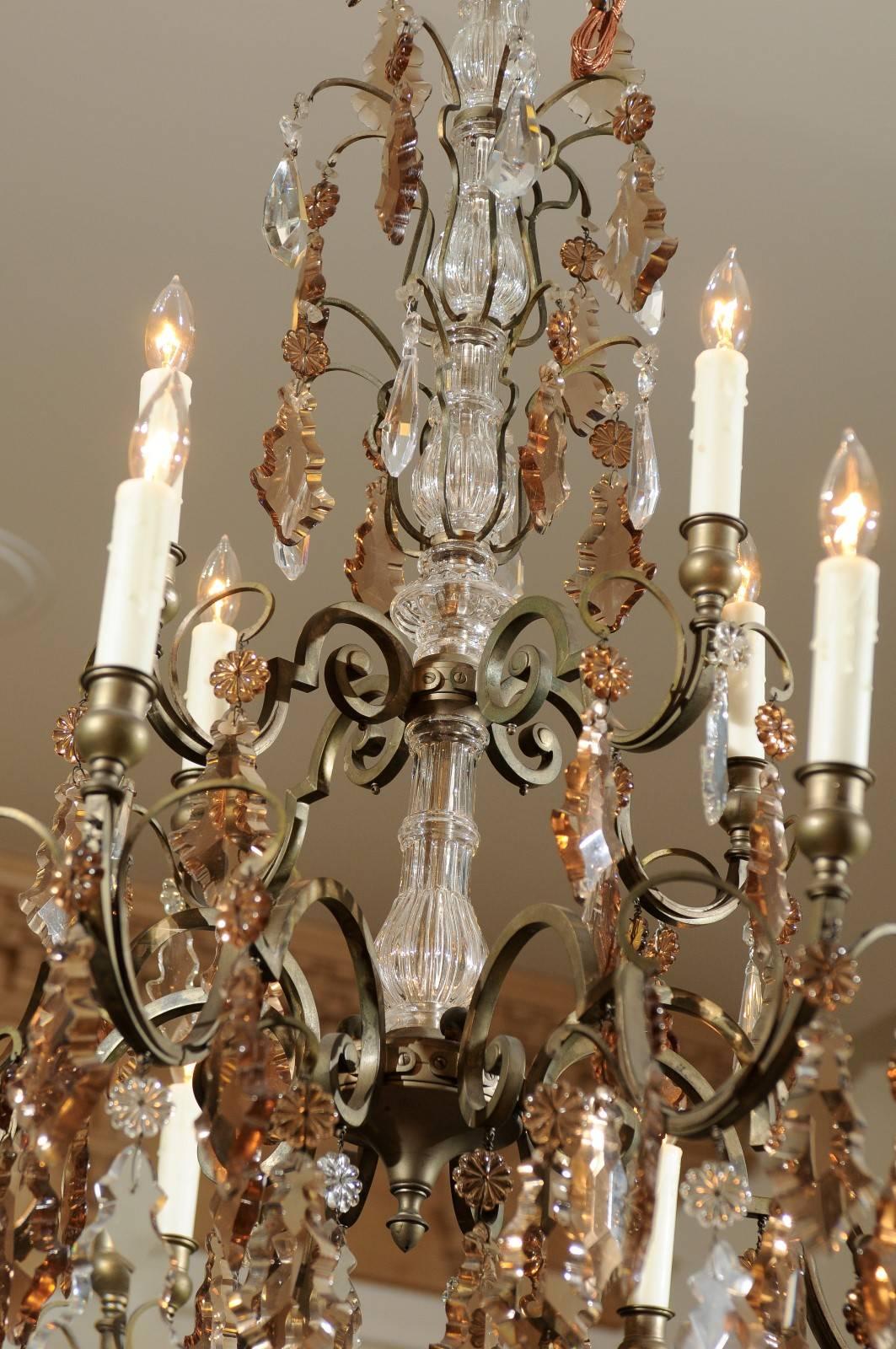 Vintage French Bronze and Crystal Chandelier with 12 Arms, circa 1940 For Sale 3