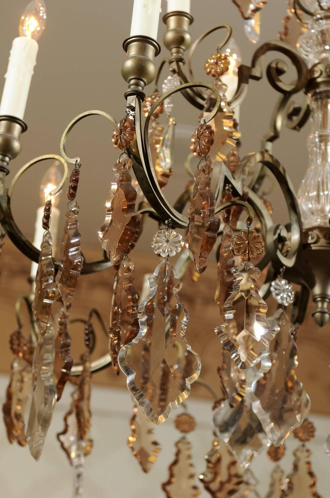 Vintage French Bronze and Crystal Chandelier with 12 Arms, circa 1940 For Sale 4