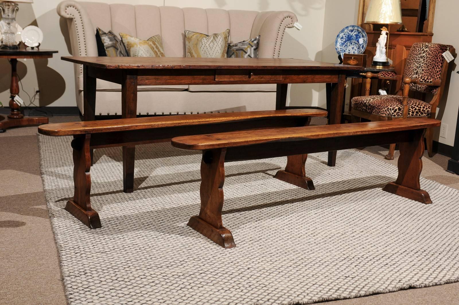 Pair of 19th century French benches, 1890
I love the  chestnut wood this bench is made from. They have great patina and lots of grain showing through. Lately, you see more and more folks are using benches at dining tables.
These are very sturdy and