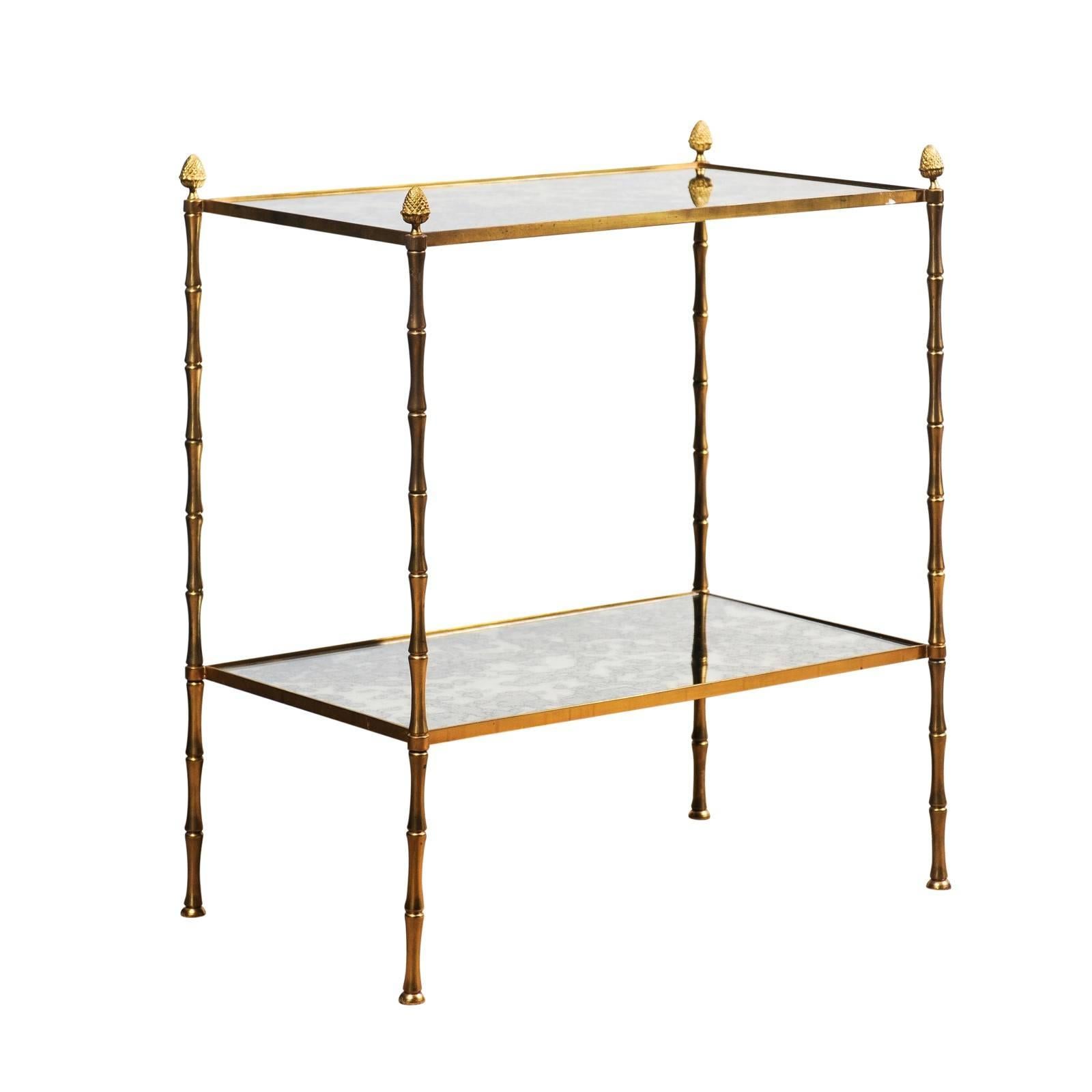 Midcentury Baguès style Bronze and Mirrored Side Table For Sale