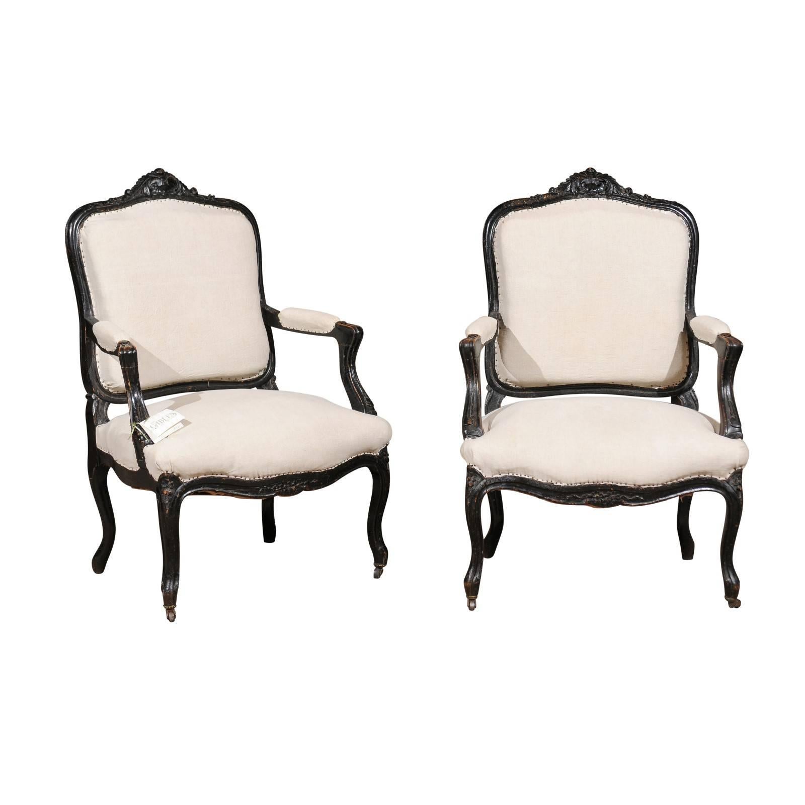 Pair of 19th Century Black Louis XVth Style Armchairs, circa 1880 For Sale