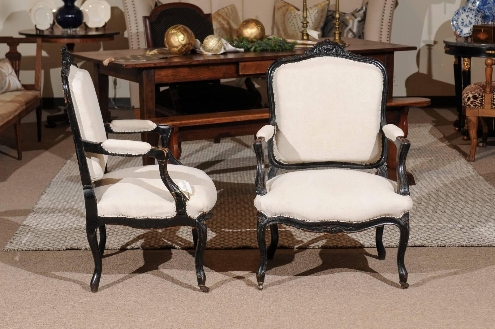 Painted Pair of 19th Century Black Louis XVth Style Armchairs, circa 1880 For Sale