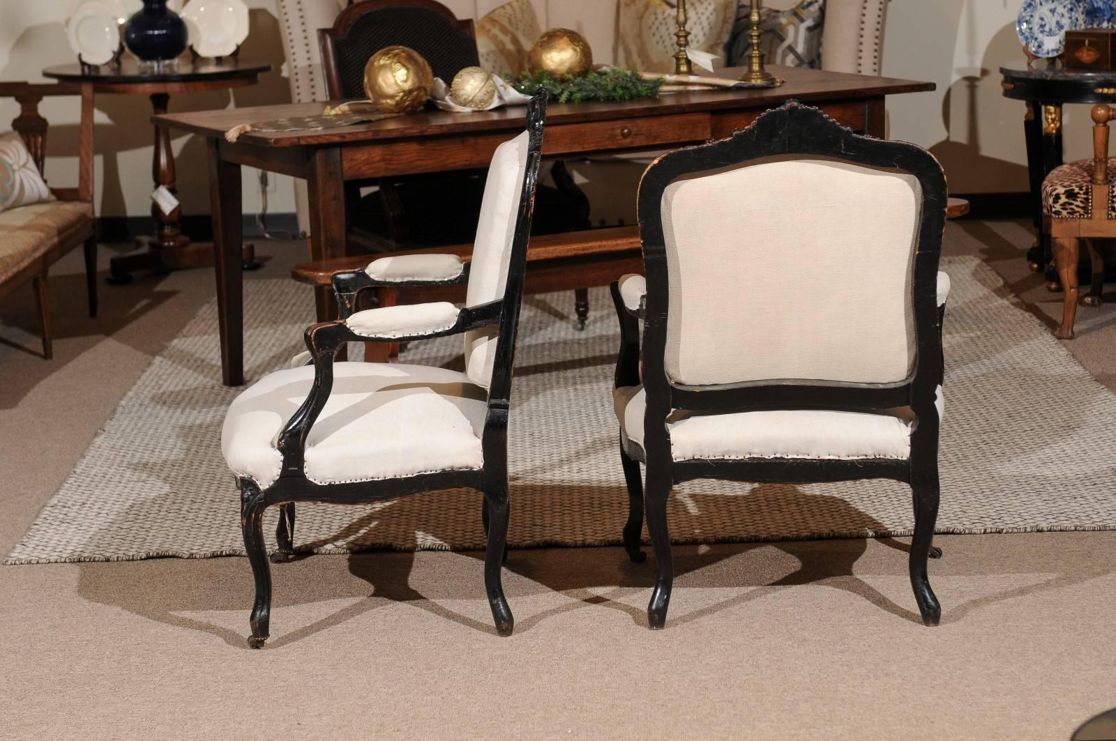 Beech Pair of 19th Century Black Louis XVth Style Armchairs, circa 1880 For Sale