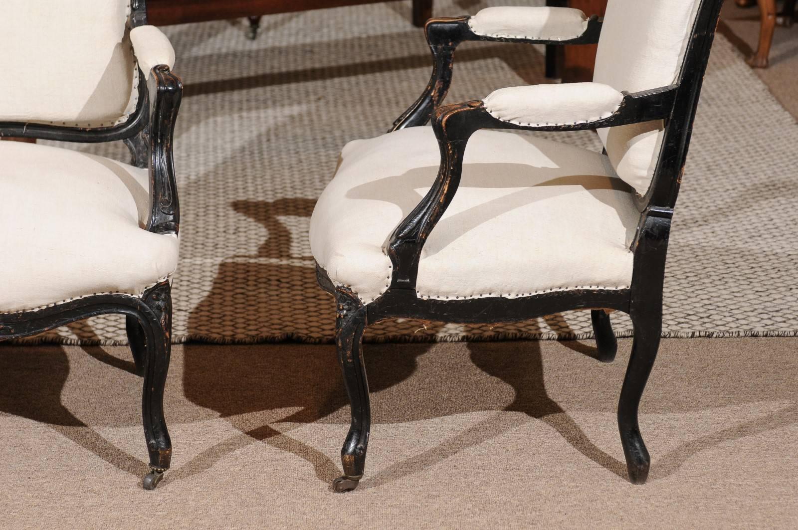 Pair of 19th Century Black Louis XVth Style Armchairs, circa 1880 For Sale 2