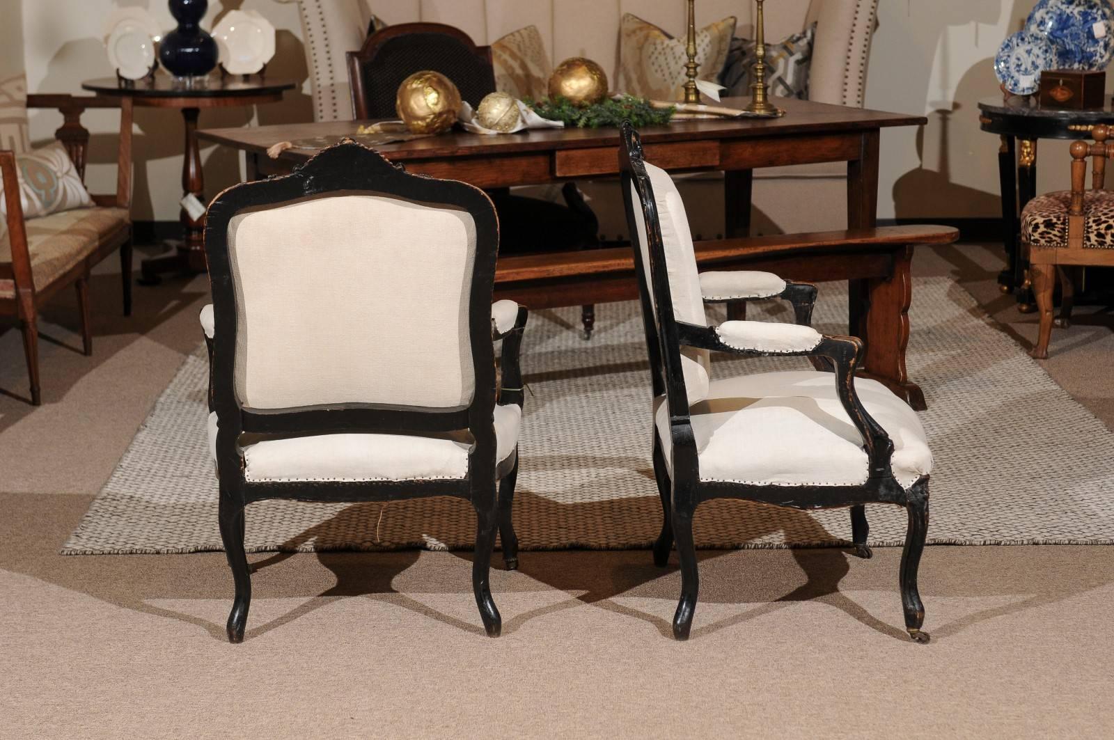 Pair of 19th Century Black Louis XVth Style Armchairs, circa 1880 In Good Condition For Sale In Atlanta, GA