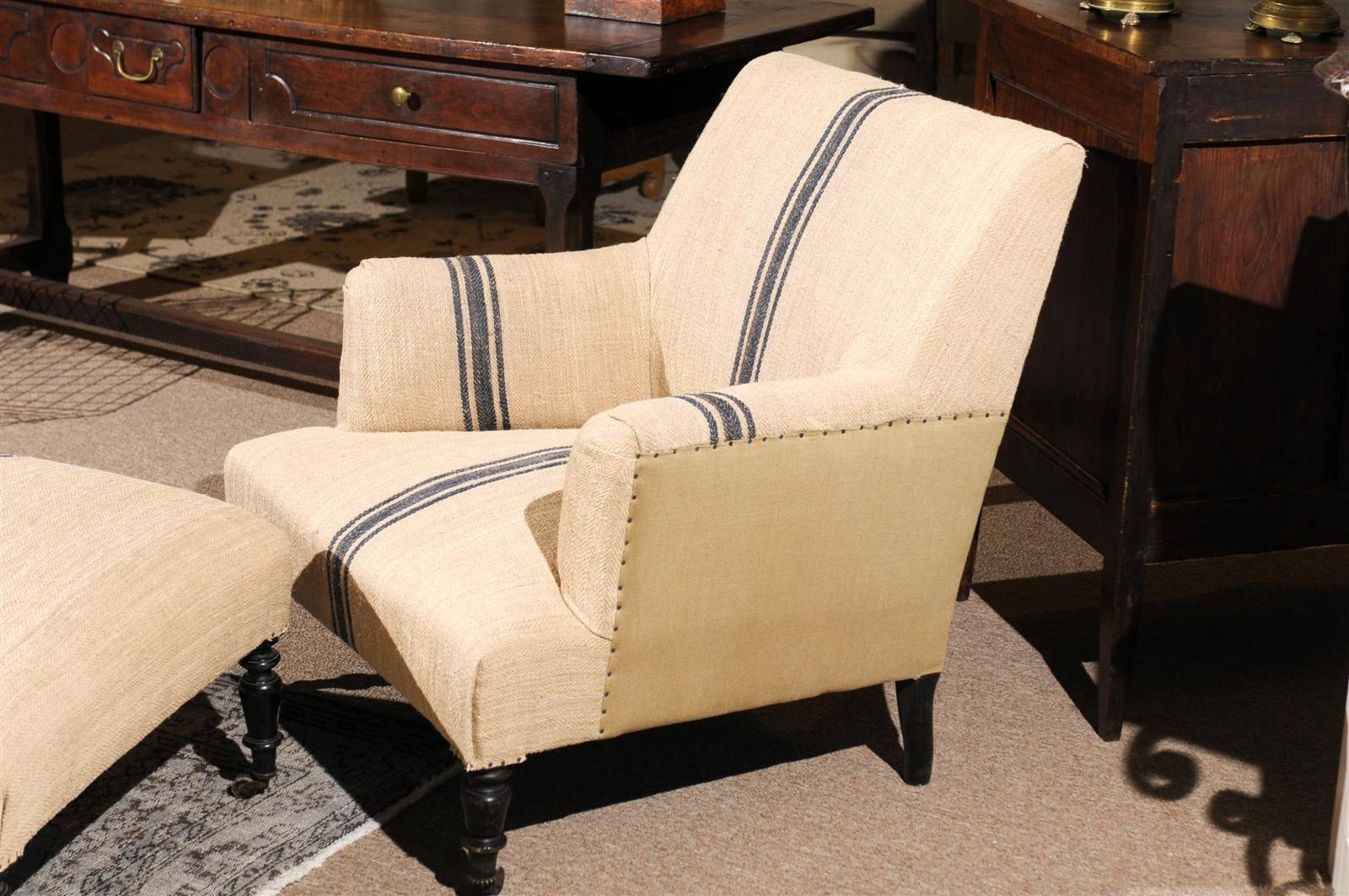 Linen  19th Century Napoleon III Chair and Ottoman with Black Turned Legs, circa 1890  For Sale