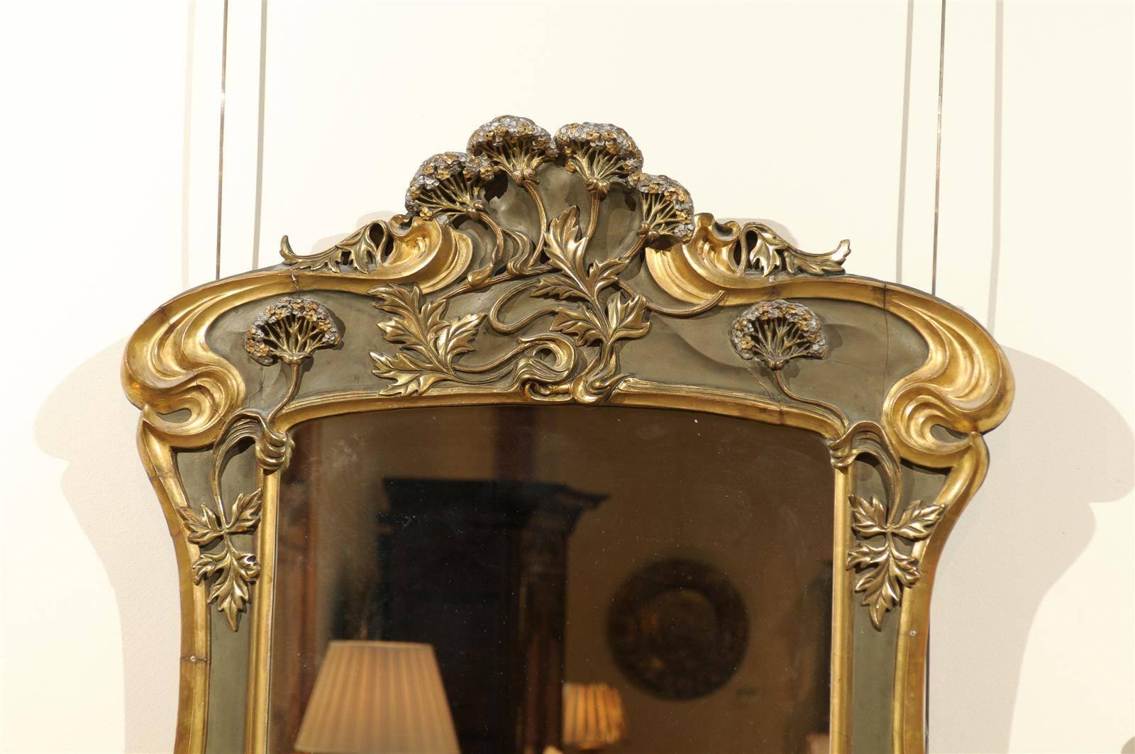 Art Nouveau Style Mirror in Gold and Taupe, circa 1950 In Good Condition For Sale In Atlanta, GA