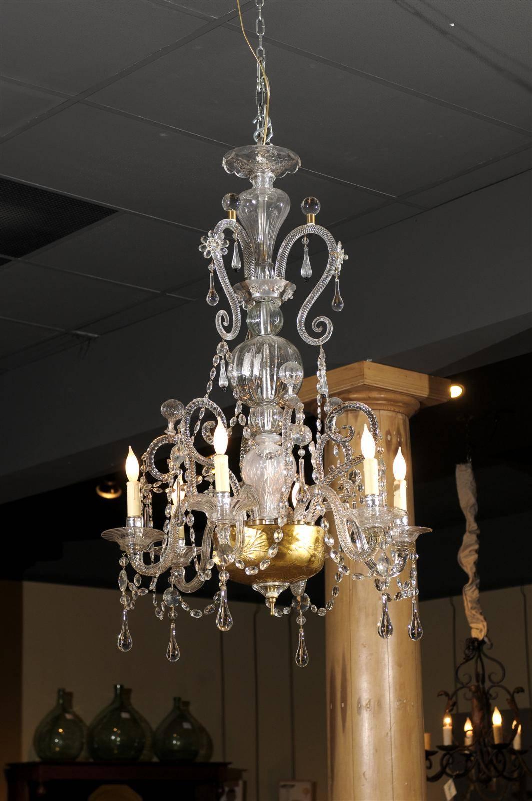 19th Century Six Light Venetian Chandelier, circa 1890
This magnificent chandelier is Venetian and has a very delicate form.  The under bowl is lined with a gold paint and is etched on the exterior.  This is a favorite style of the Venetian