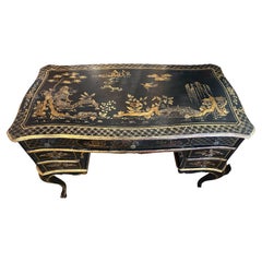 1940's Chinoiserie Hand Painted Black and Gold Painted Desk