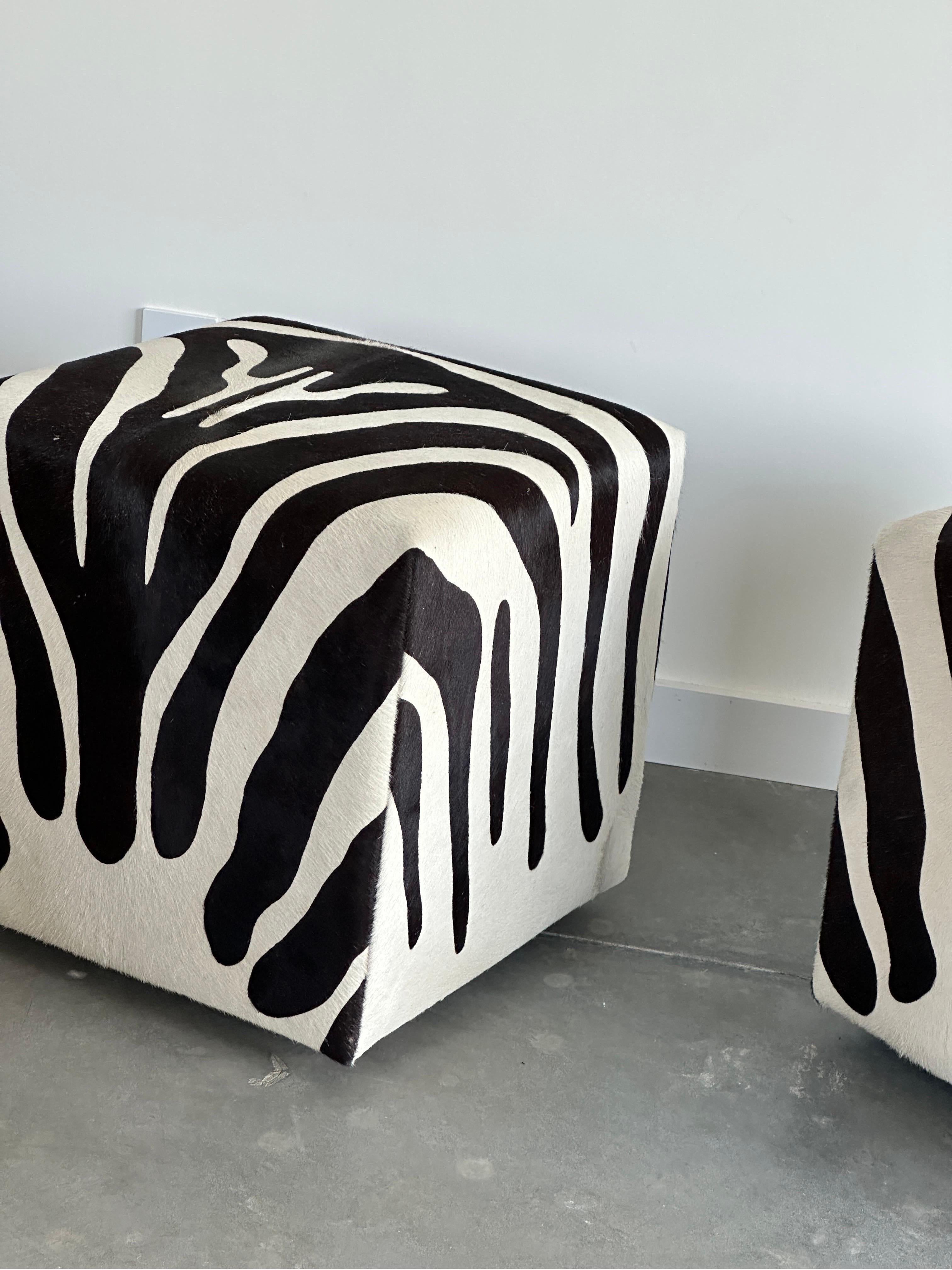 American Zebra Printed Pony Hair Cube Ottoman For Sale