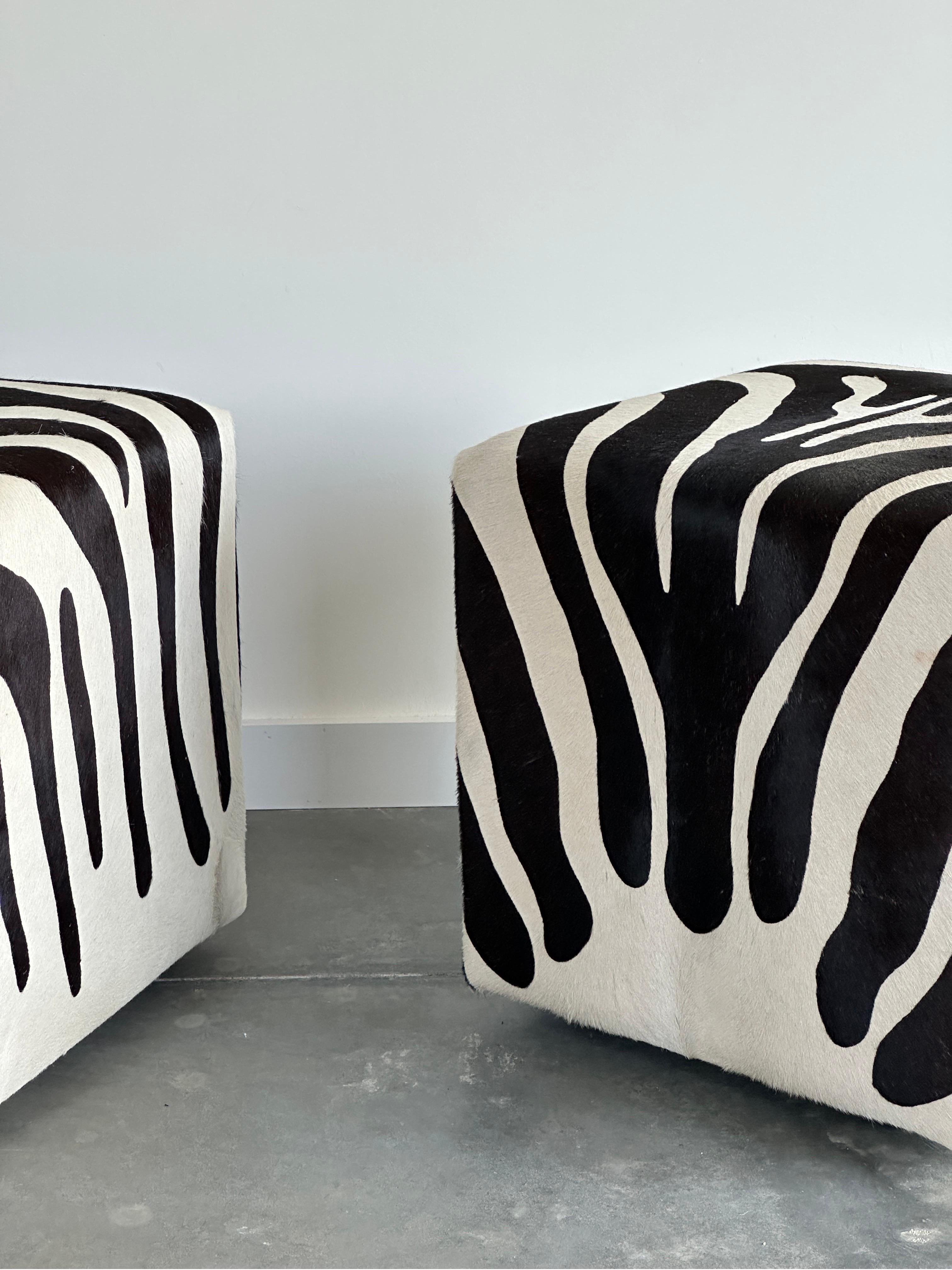 Zebra Printed Pony Hair Cube Ottoman In Excellent Condition For Sale In Kleinburg, ON