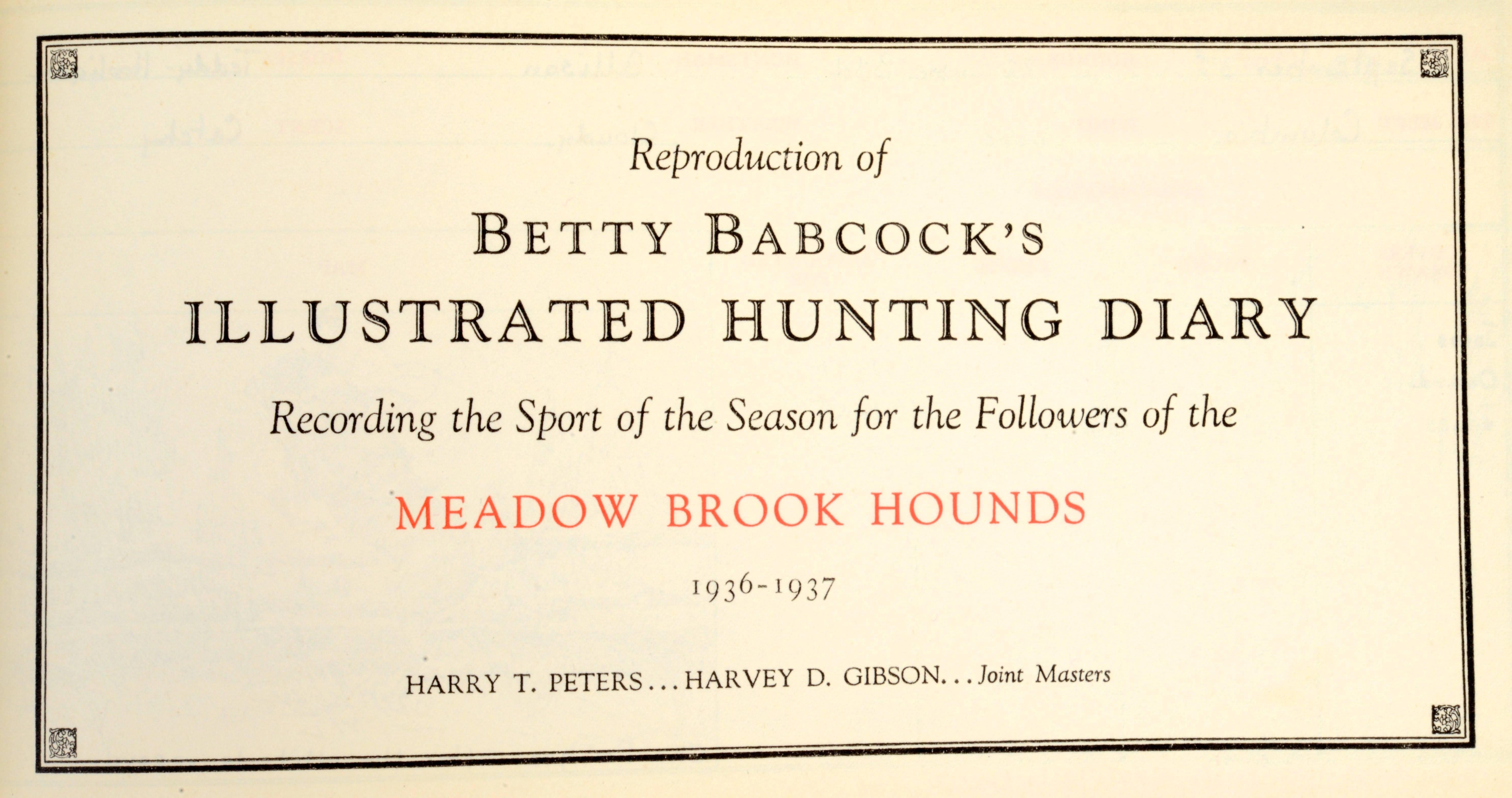 Published New York, 1945. 120 pp. ruled in blue with red printed captions. The Meadow Brook Hounds was founded in 1877, and in its heyday between WWI and WWII, one of the premier American packs, hunting an area of open country and large estates on