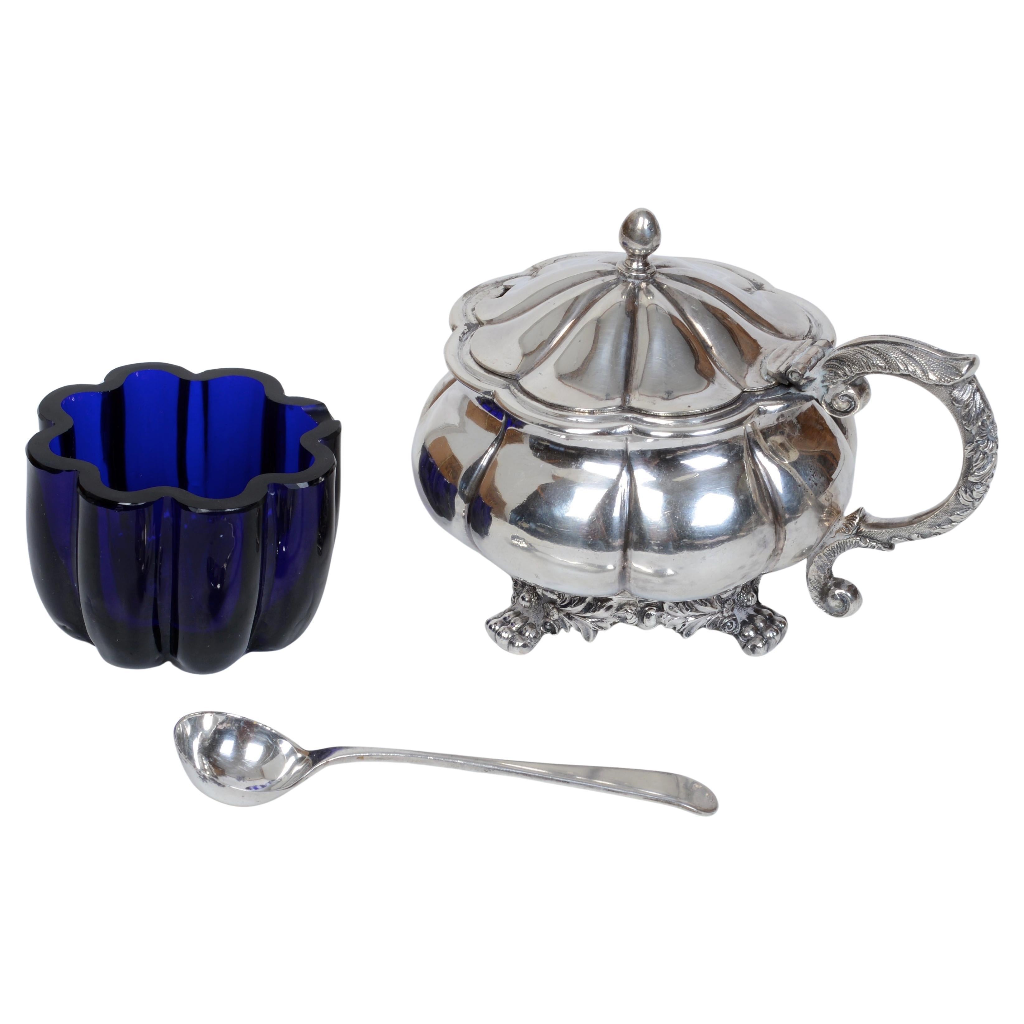 Pot à confiture ou à moutarde en argent sterling avec revêtement en cobalt d'origine par Savory, 1828/29 en vente