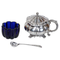 Sterling Jam or Mustard Pot with Original Cobalt Blue Liner by Savory, 1828/29