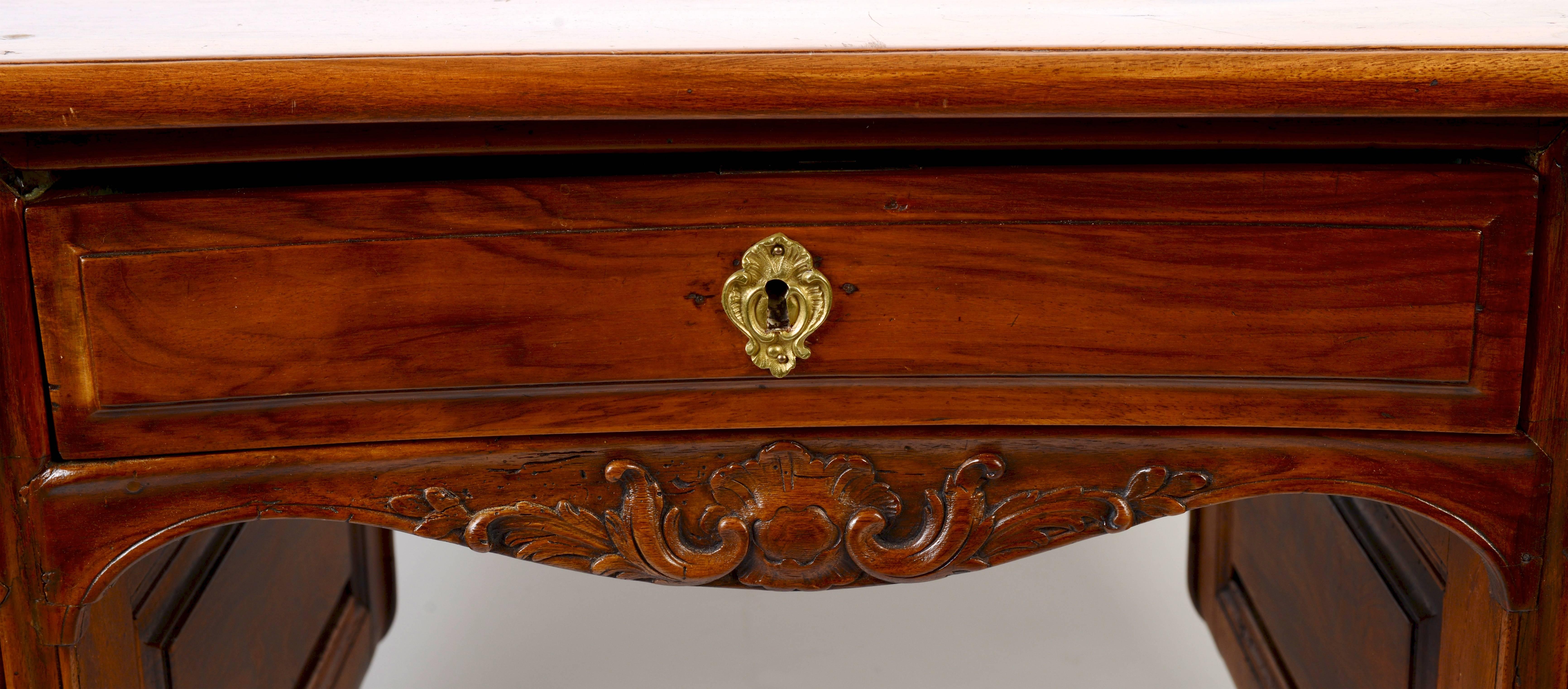 Mid-18th Century Louis XV Carved Walnut Desk with Brass Mounts, c1750