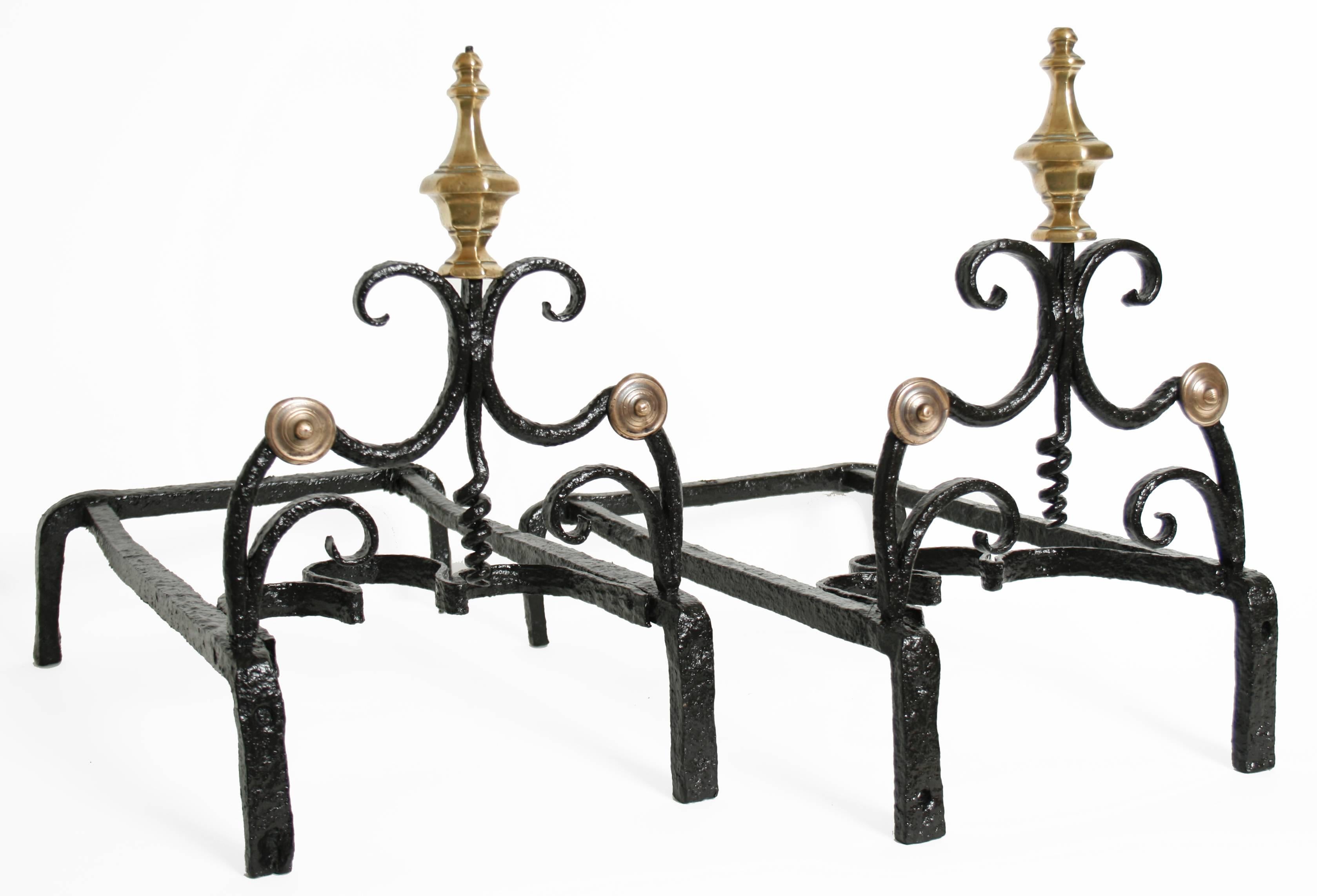French Louis XV Forged Iron and Cast Brass Andirons, Mid-18th Century For Sale