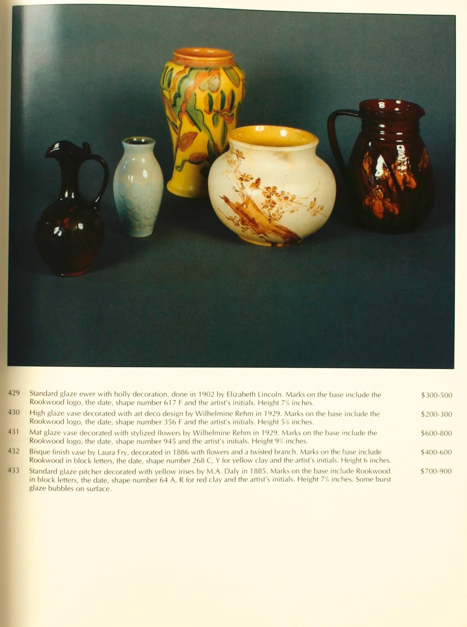 Glover collection: Rookwood pottery. Cincinnati: Cincinnati Art Galleries, 1993. 1st Ed paperback, unpaginated auction catalogue, featuring 1201 lots with over 250 color photographs of Rookwood Pottery with details of each; lists of factories,