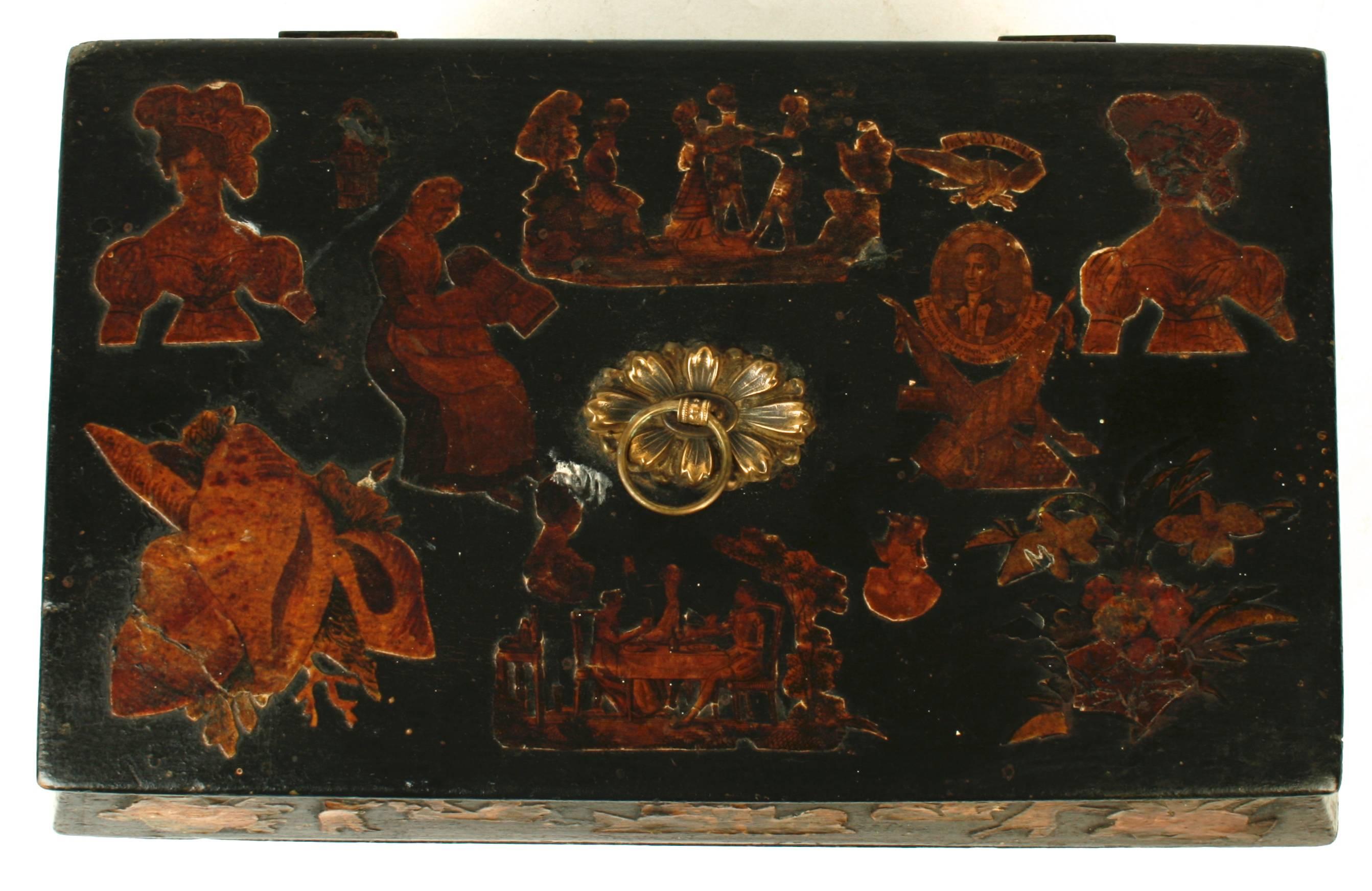 English Regency decoupage box, early 19th century. This box was made by using the decorative finish of decoupage. The box is covered in cut-out images of ladies in feathered hats, a couple at a table, children, shells, birds, flowers and a picture