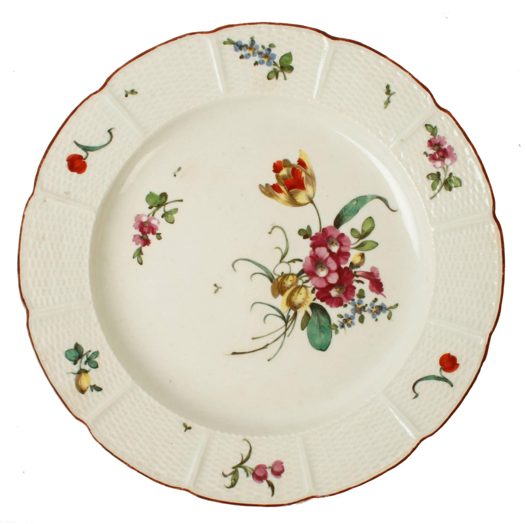 German Four Ludwigsburg Hand Painted Floral Porcelain Plates, Late 18th Century
