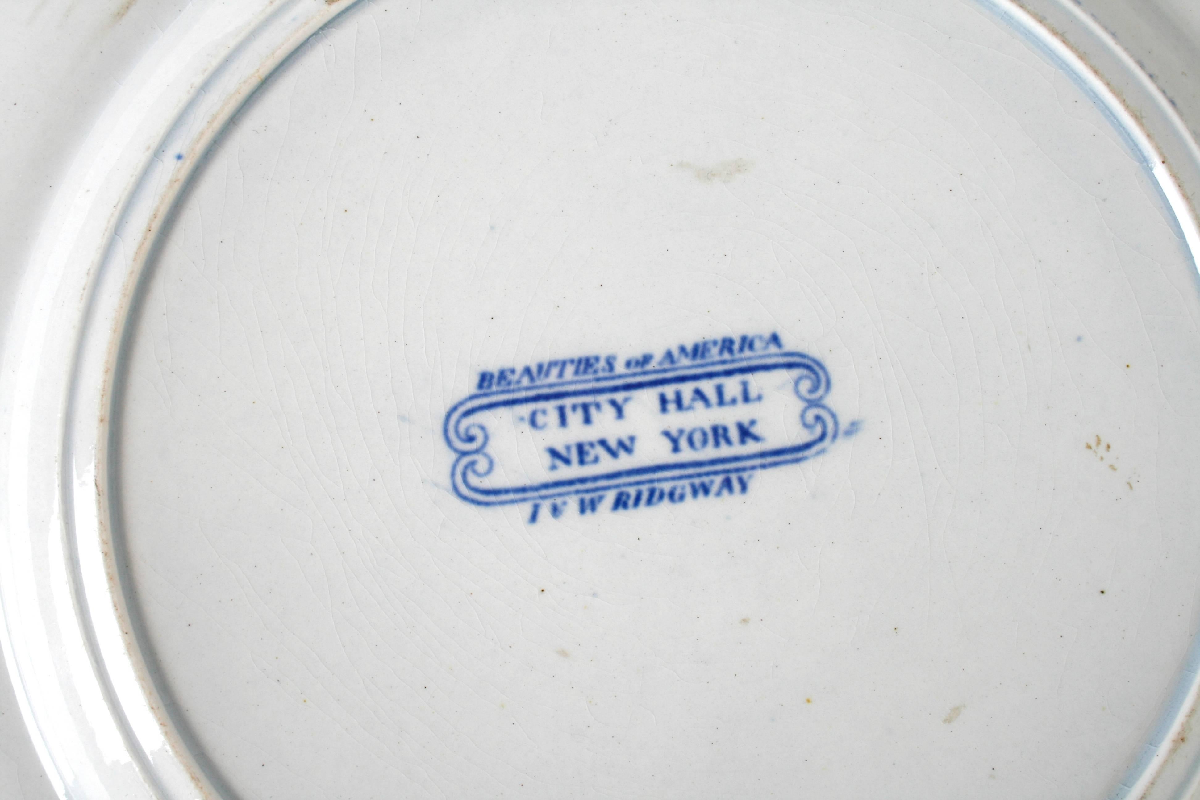 Earthenware City Hall New York Blue Staffordshire Plate by J & W Ridgway
