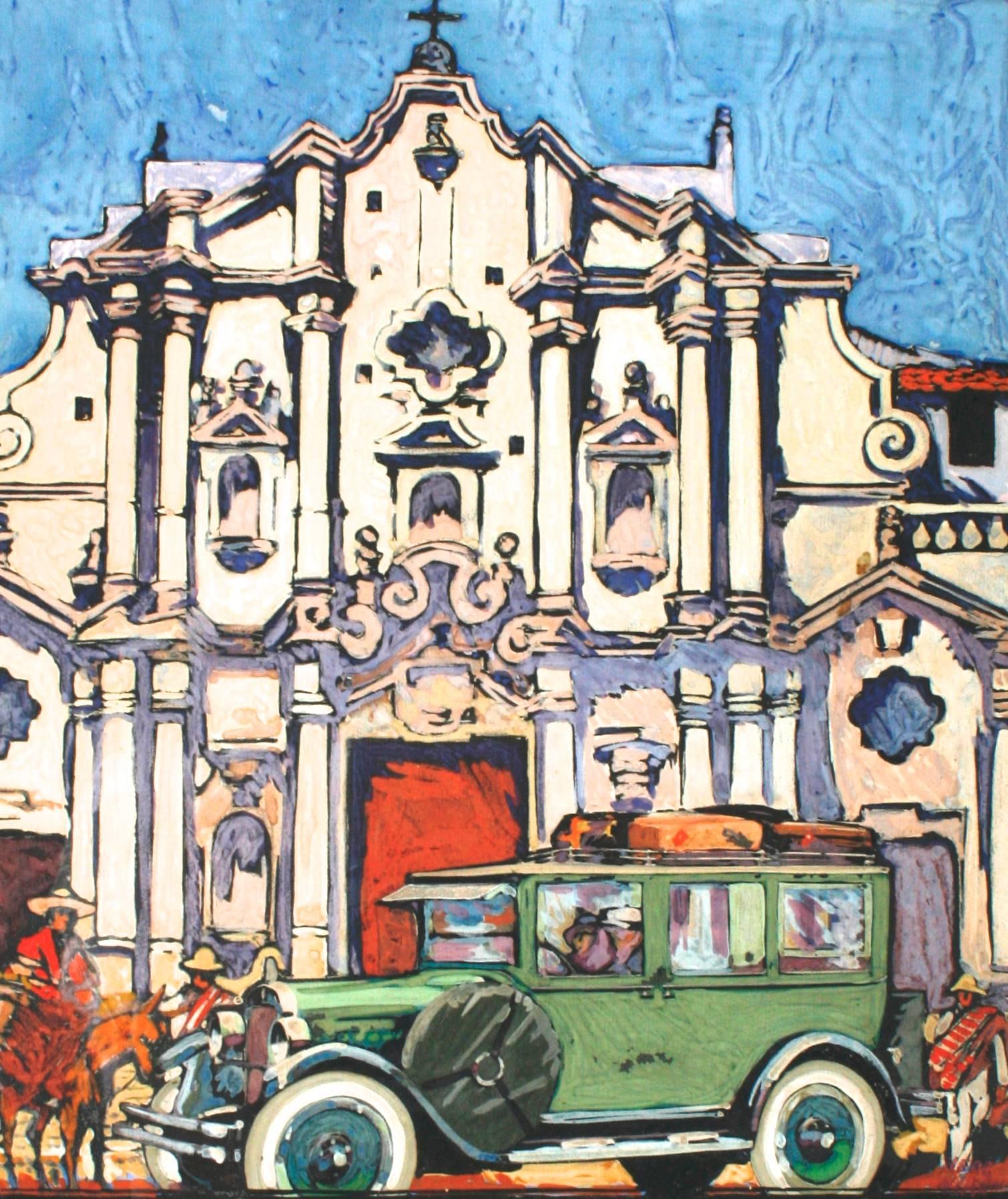 This handsome gouache painting is of the Baroque Cathedral of the Virgin Mary of the Immaculate Conception in Havana Cuba. In front of the cathedral are Cuban figures and a 1928 Ford Model A sedan with luggage. It is framed with a beautifully worn