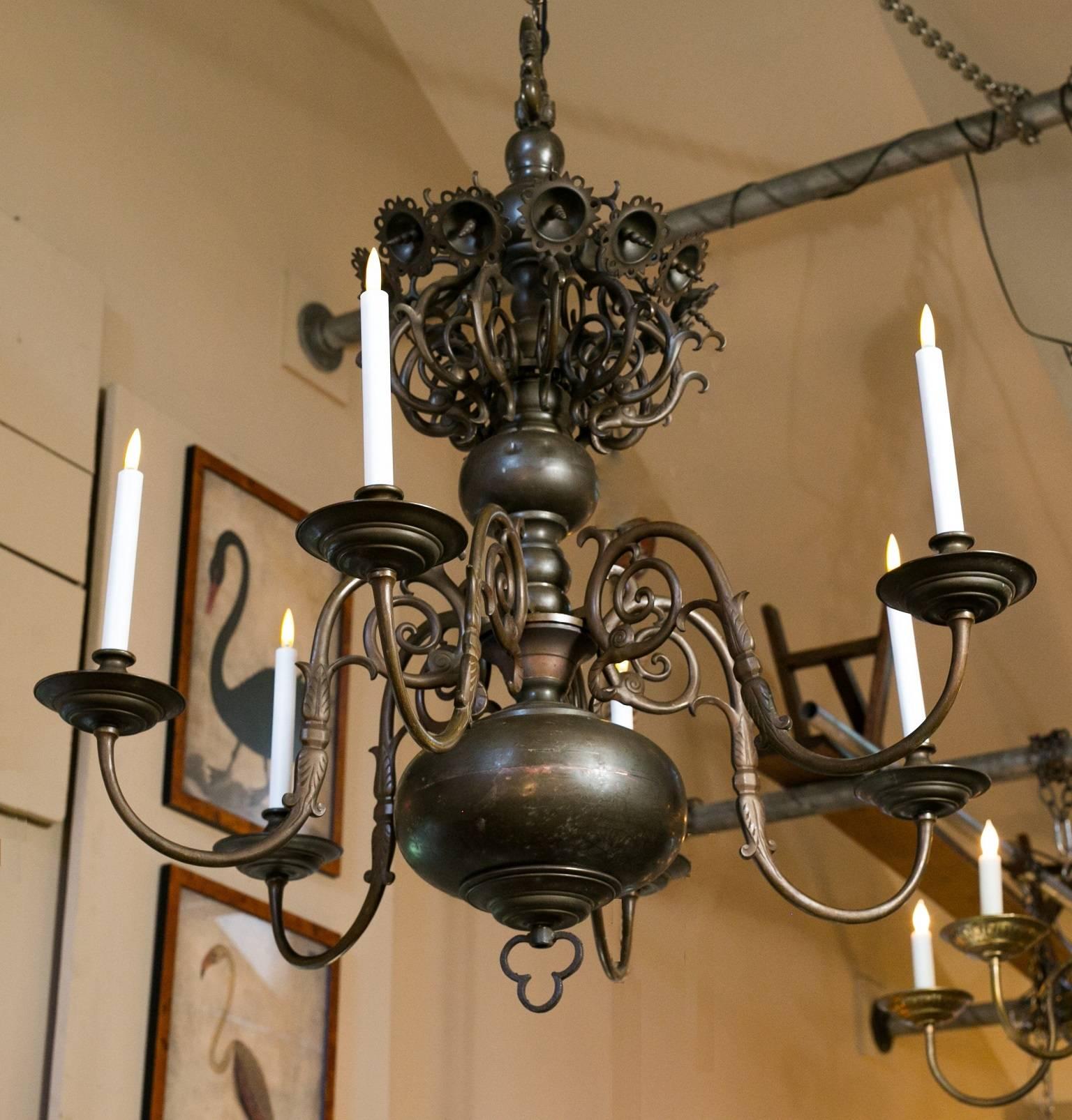 Antique Bronze Flemish chandelier from Belgium, circa 1880. Gorgeous original patina with highly detailed casting of exceptional quality. All original parts, newly rewired for use in the USA with all UL listed parts. Photographed with LED