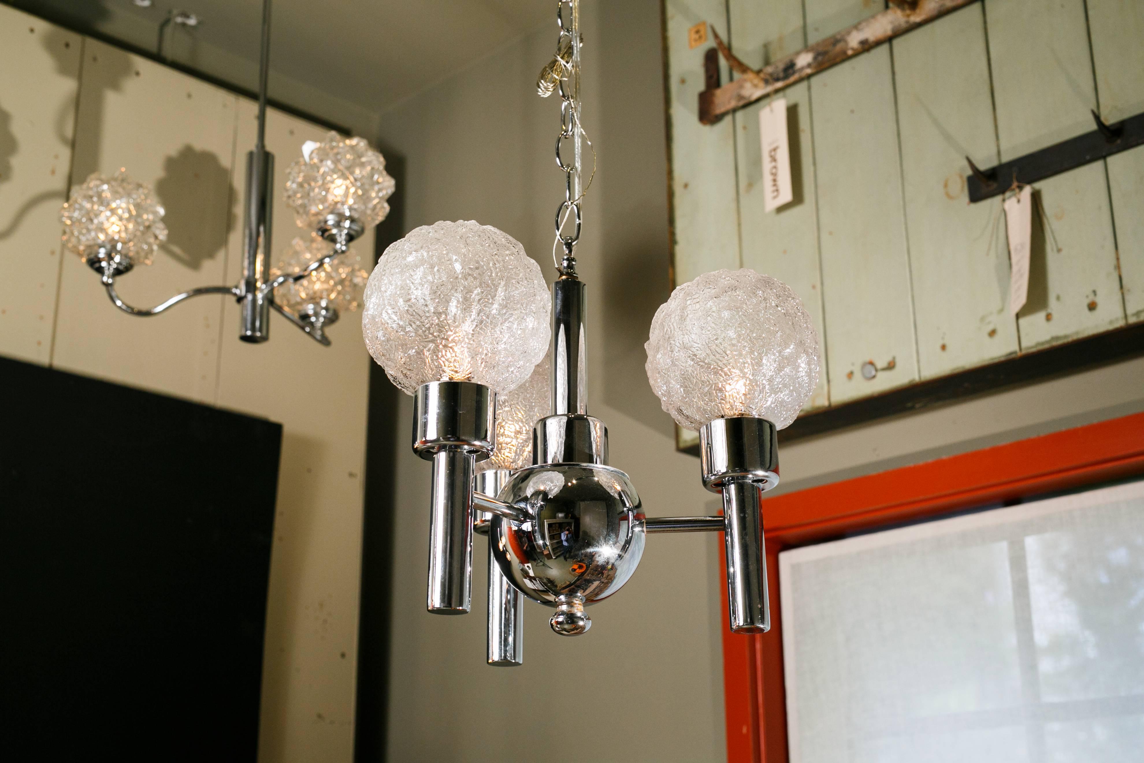 Vintage European chrome and textured Limburg glass light with three candelabra sockets. Newly rewired with all UL listed parts. Globes have an interesting texture and shape. Comes with matching chain and canopy.