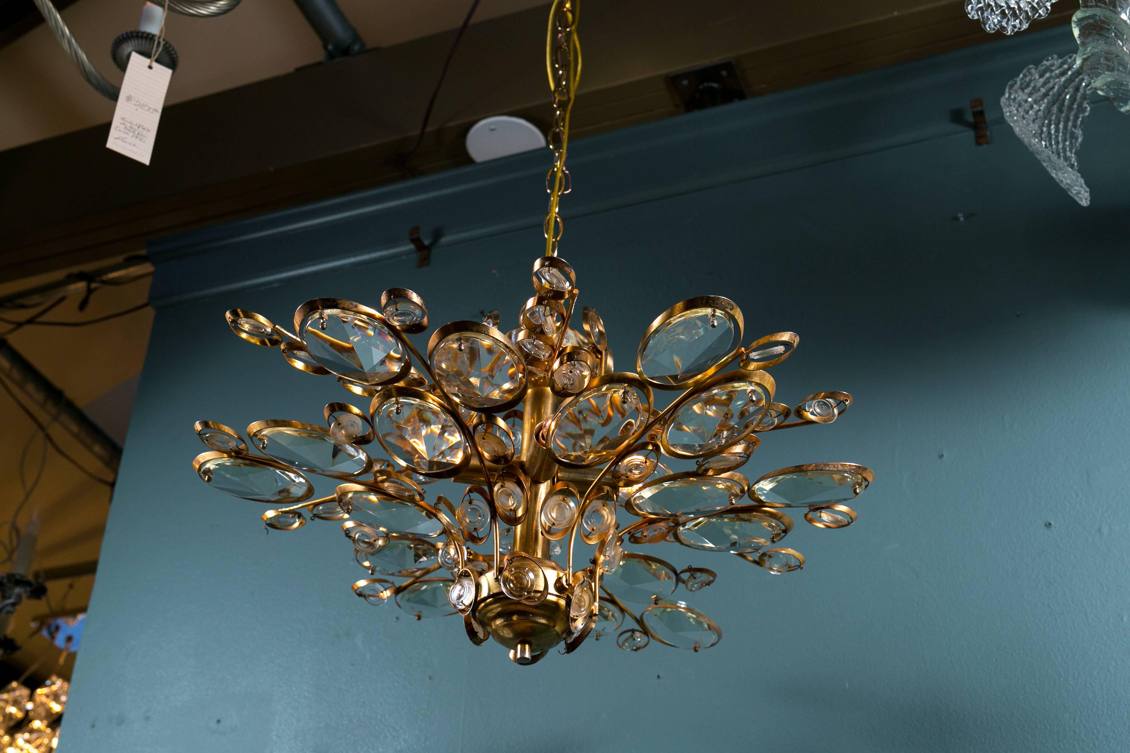 Mid-Century Modern Palwa Gilt Brass and Glass Mid Century Modern Ceiling Light