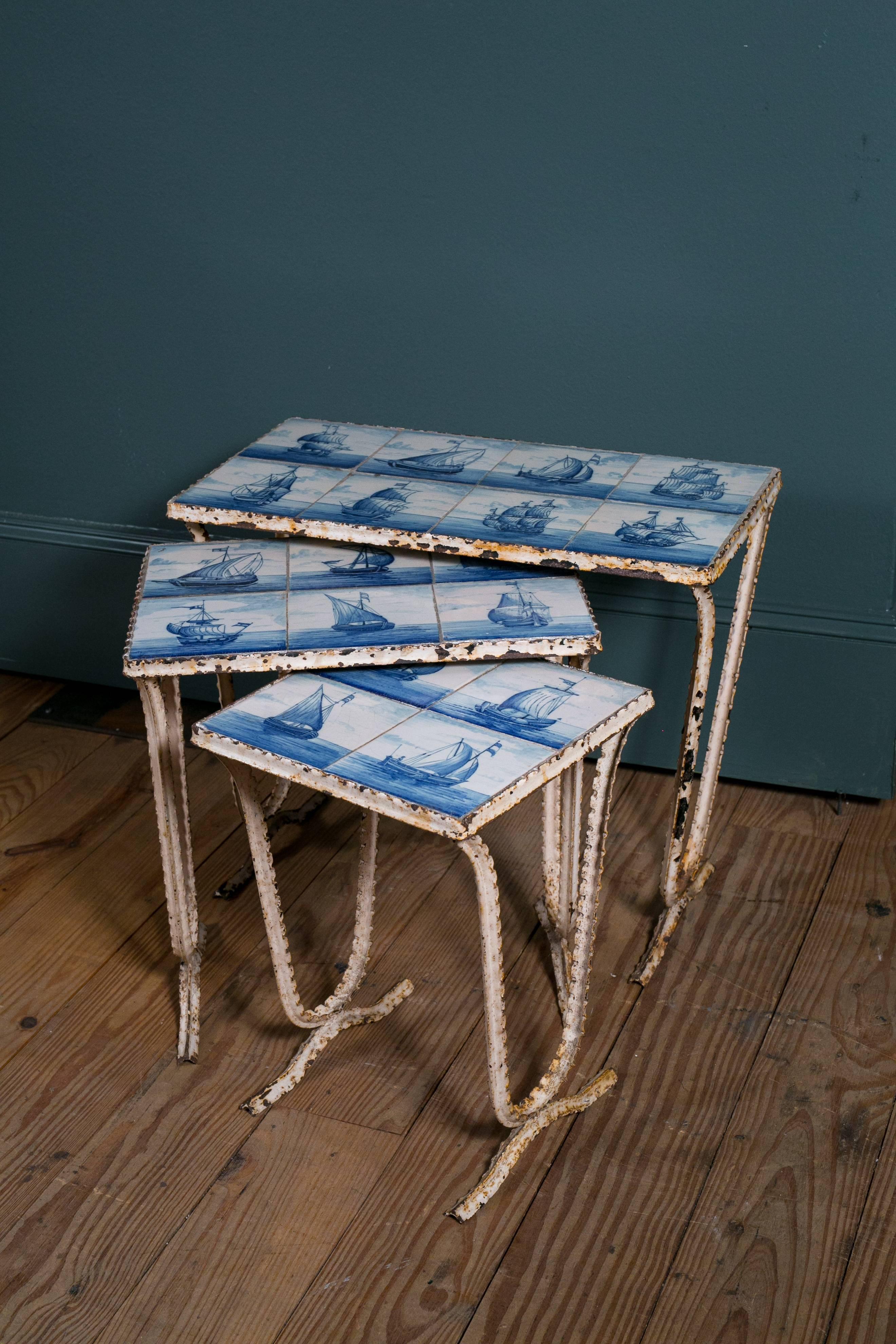 Dutch Colonial Set of Three Delft and Wrought Iron Nesting Blue and White Tables from Holland