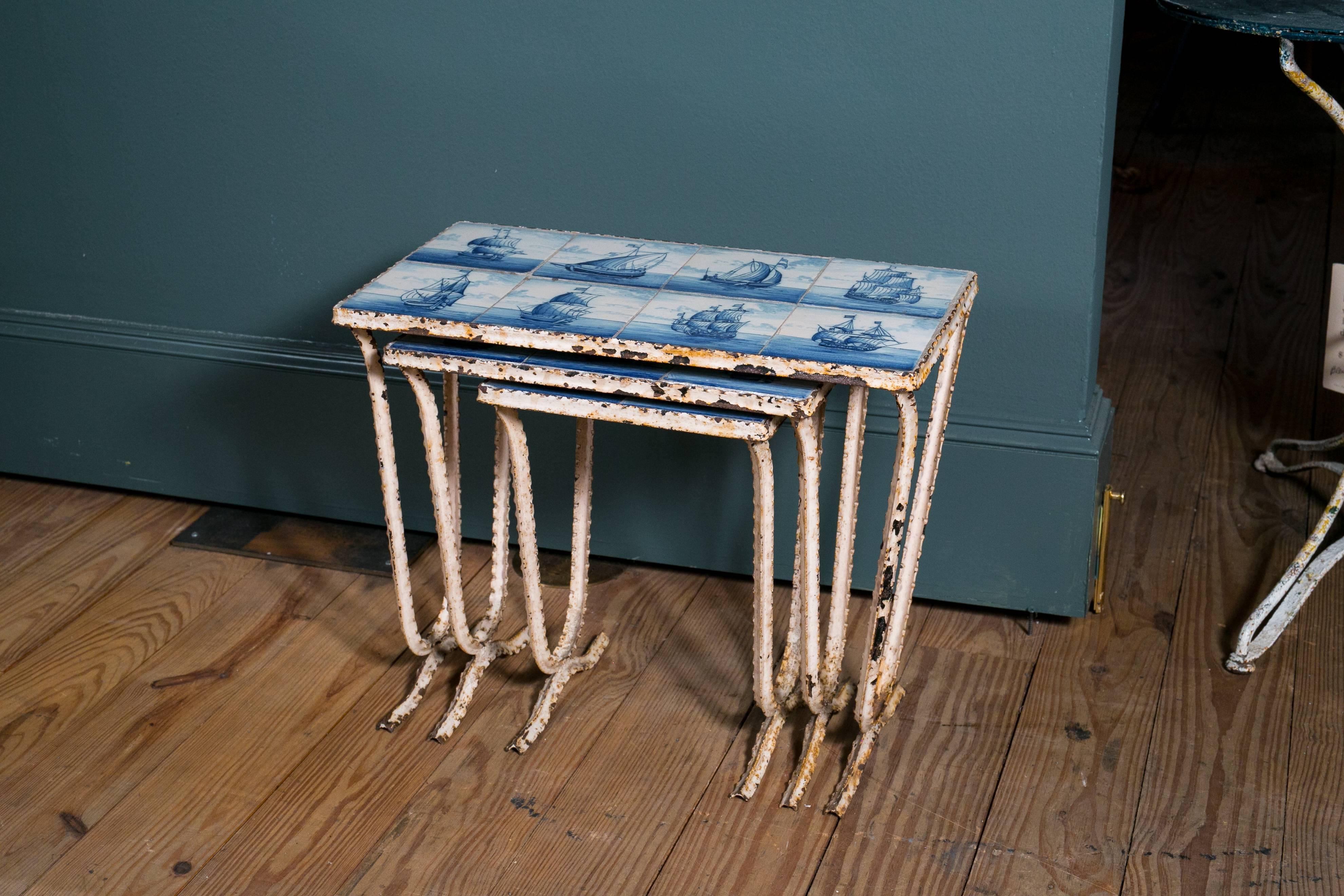 Dutch Set of Three Delft and Wrought Iron Nesting Blue and White Tables from Holland
