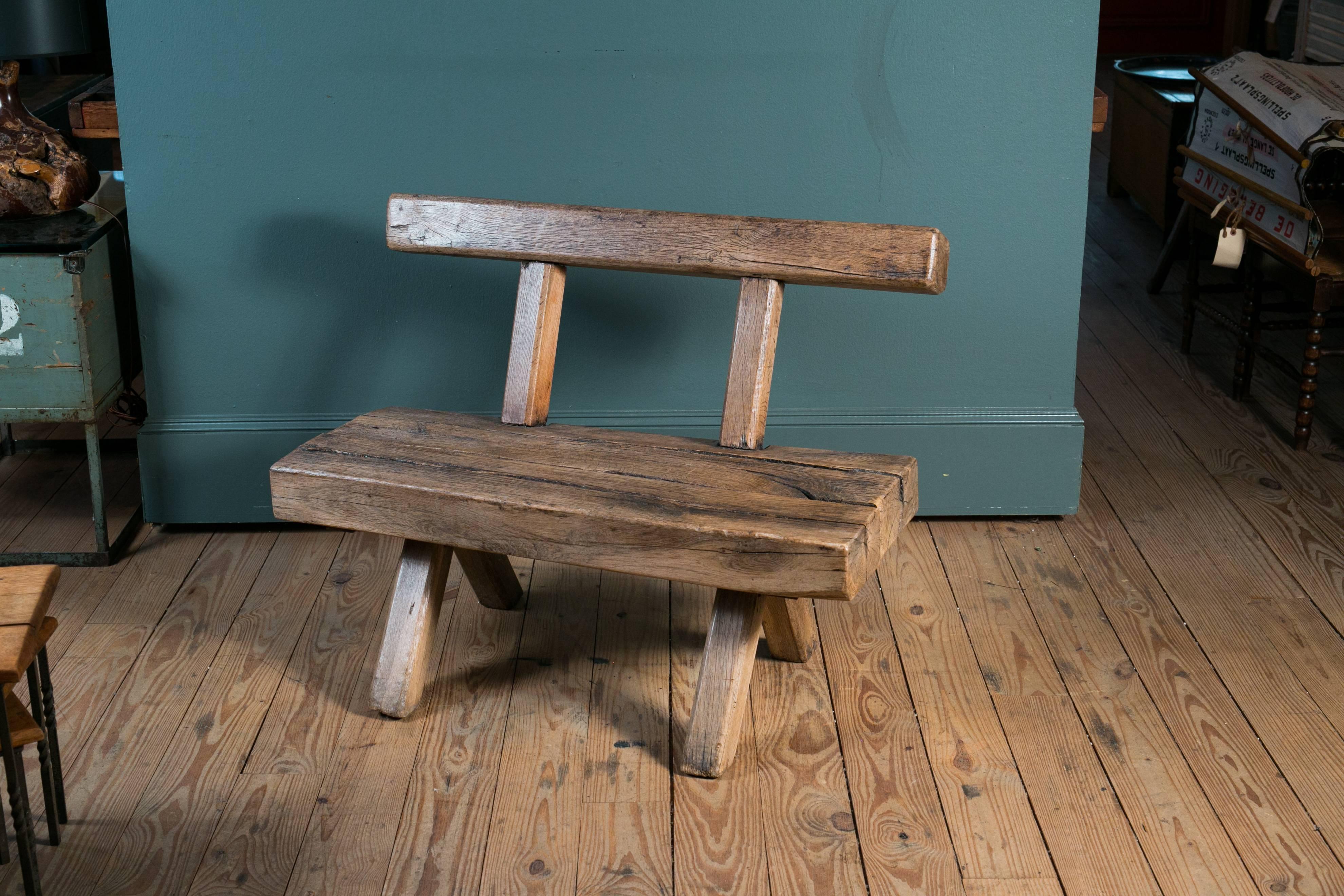 German Chunky Rustic Wooden Bench with Back, circa 1920