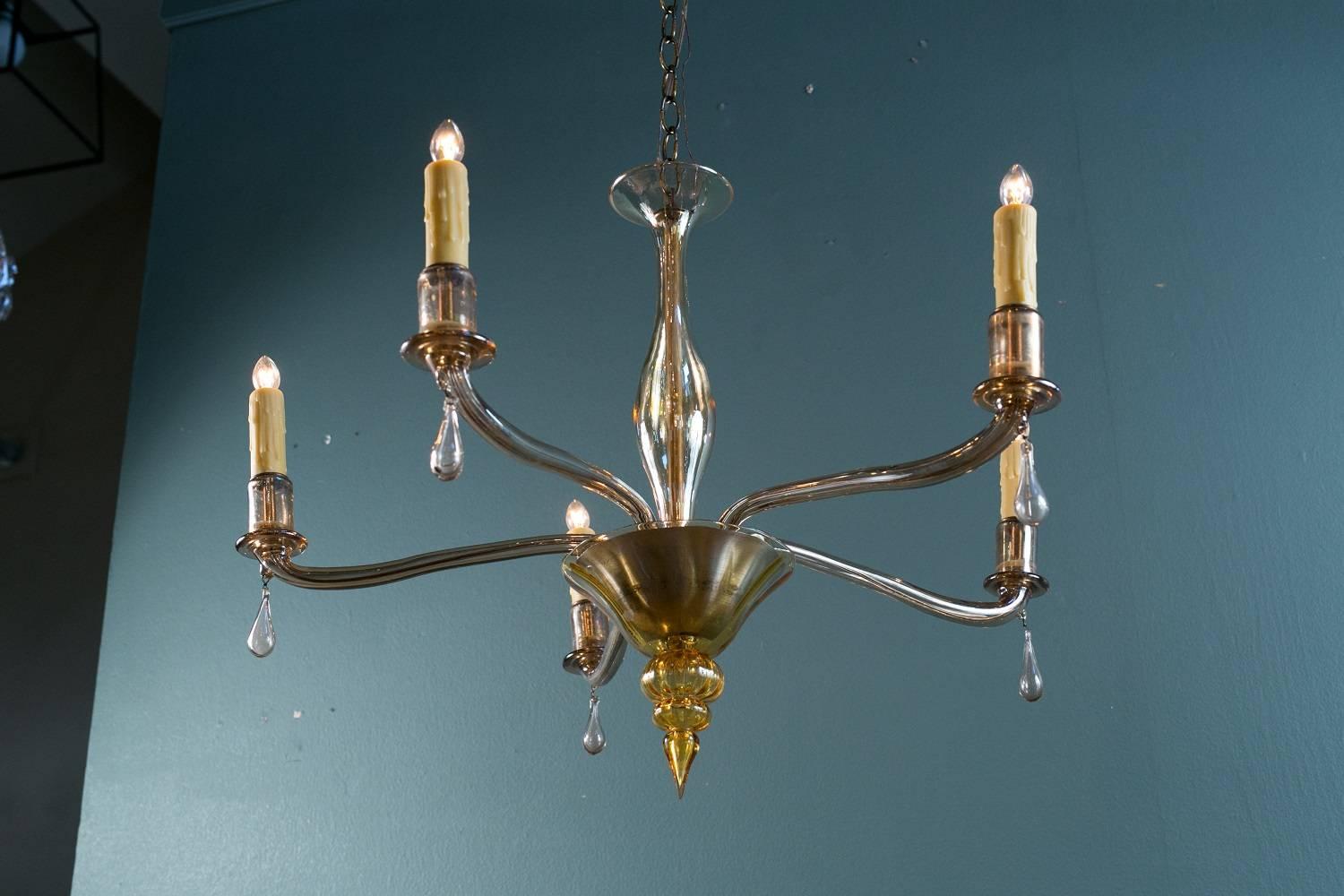 Mid-Century Modern Mid-Century Vintage Amber Colored Murano Glass Chandelier in the Style of Venini For Sale