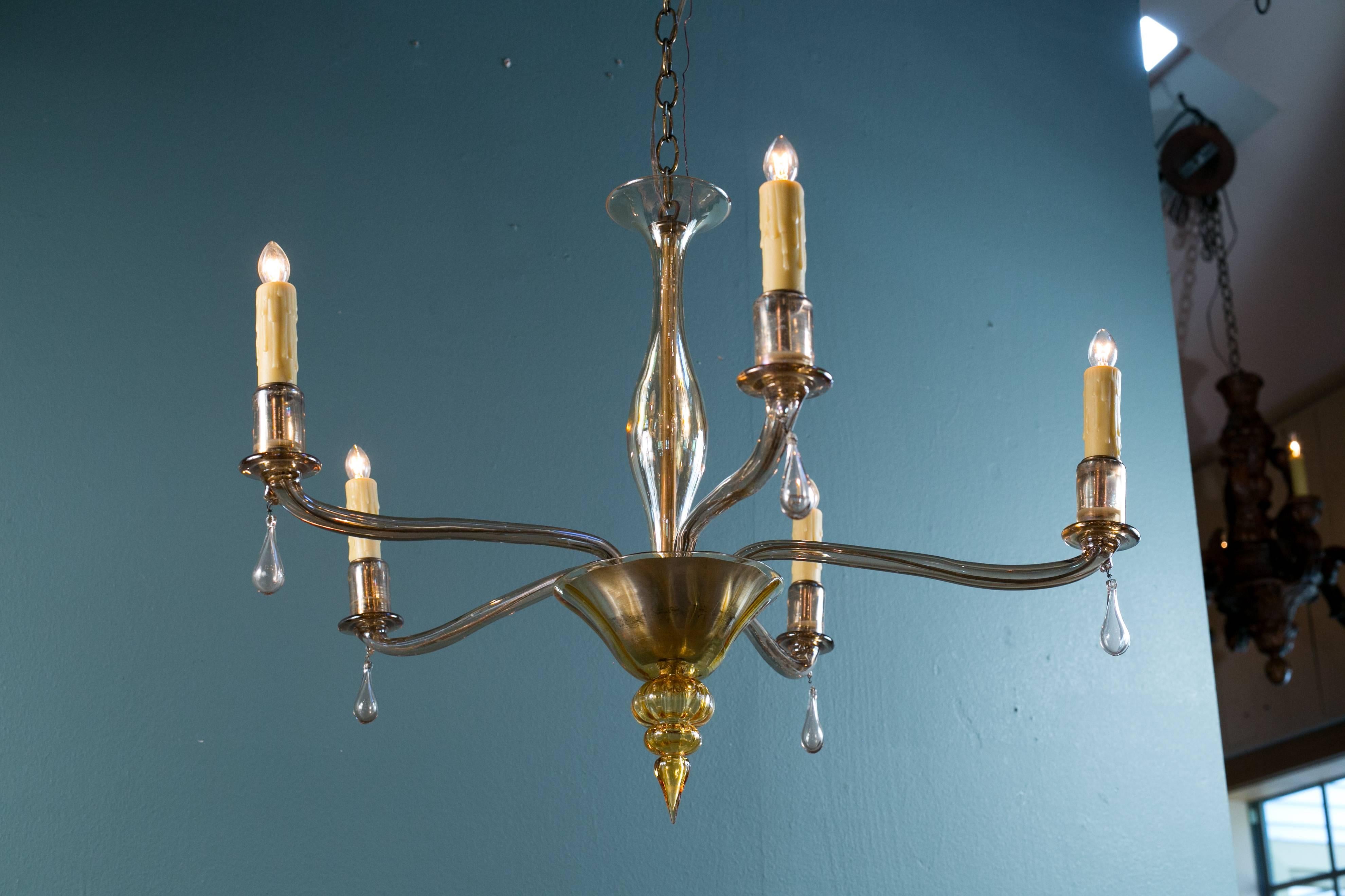 Italian Mid-Century Vintage Amber Colored Murano Glass Chandelier in the Style of Venini For Sale
